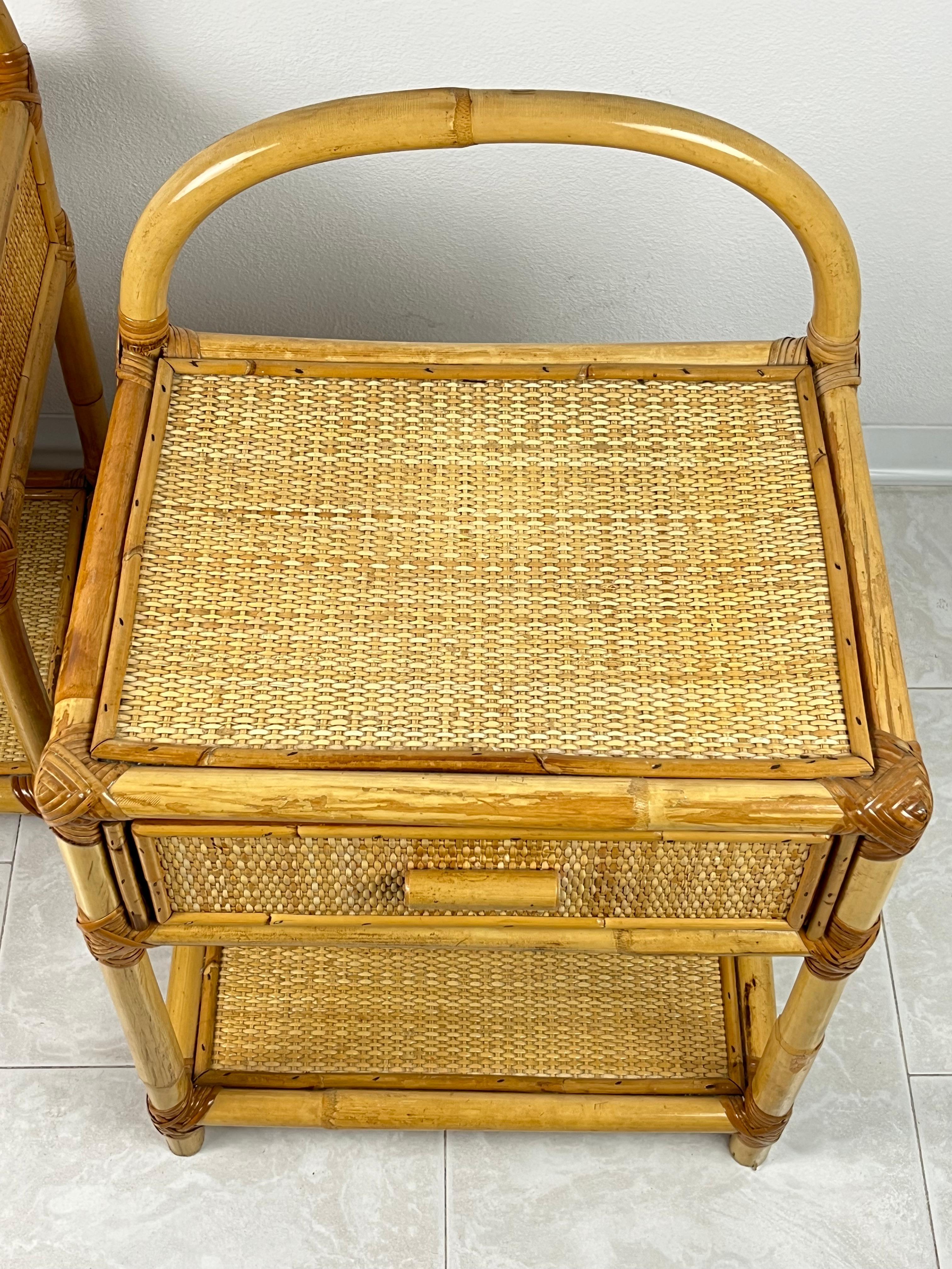 Pair of Vintage Italian  Bamboo and Rattan Bedside Tables 1970s For Sale 4