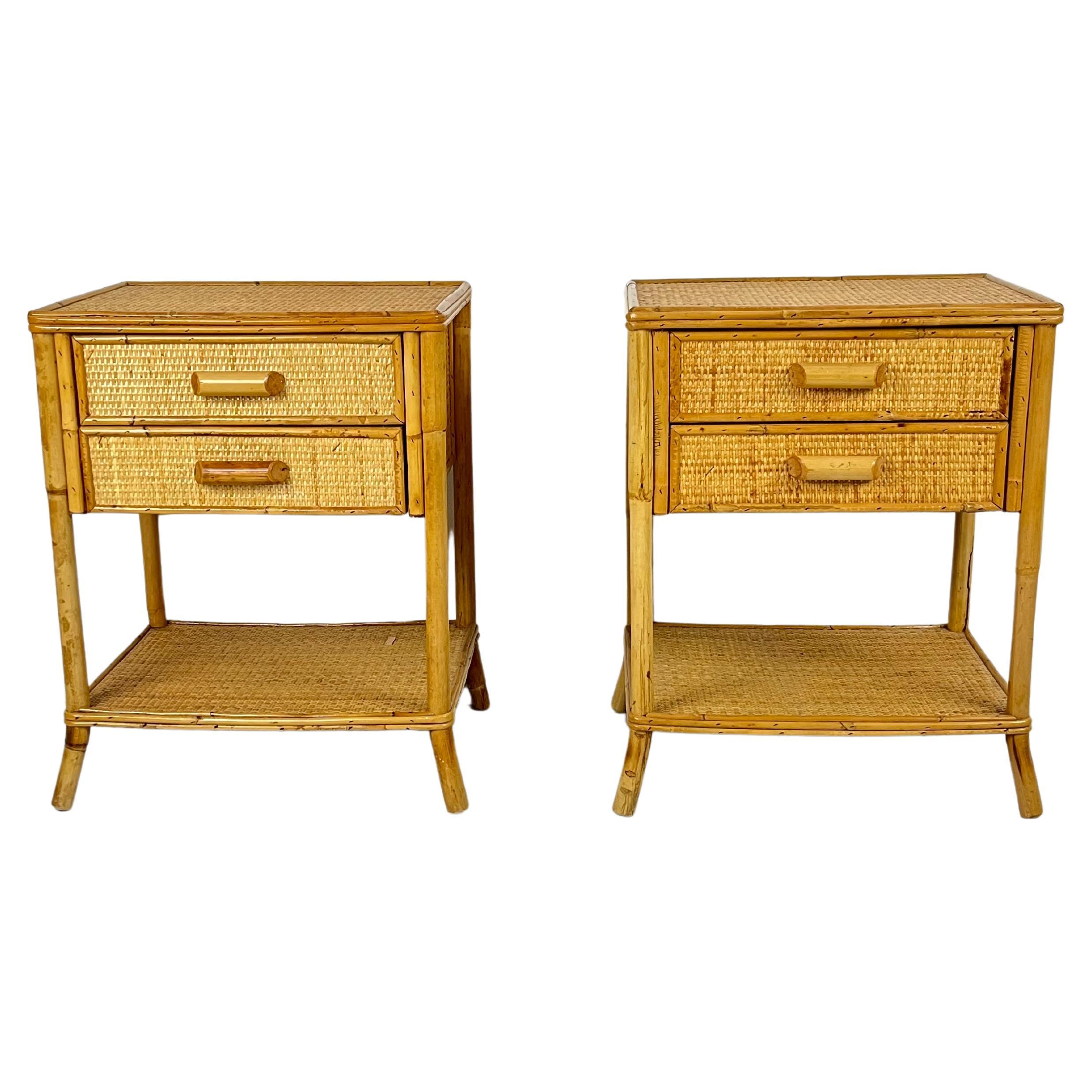 Pair of Vintage Italian Bamboo and Rattan Bedside Tables 1970s