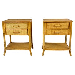 Pair of Retro Italian Bamboo and Rattan Bedside Tables 1970s