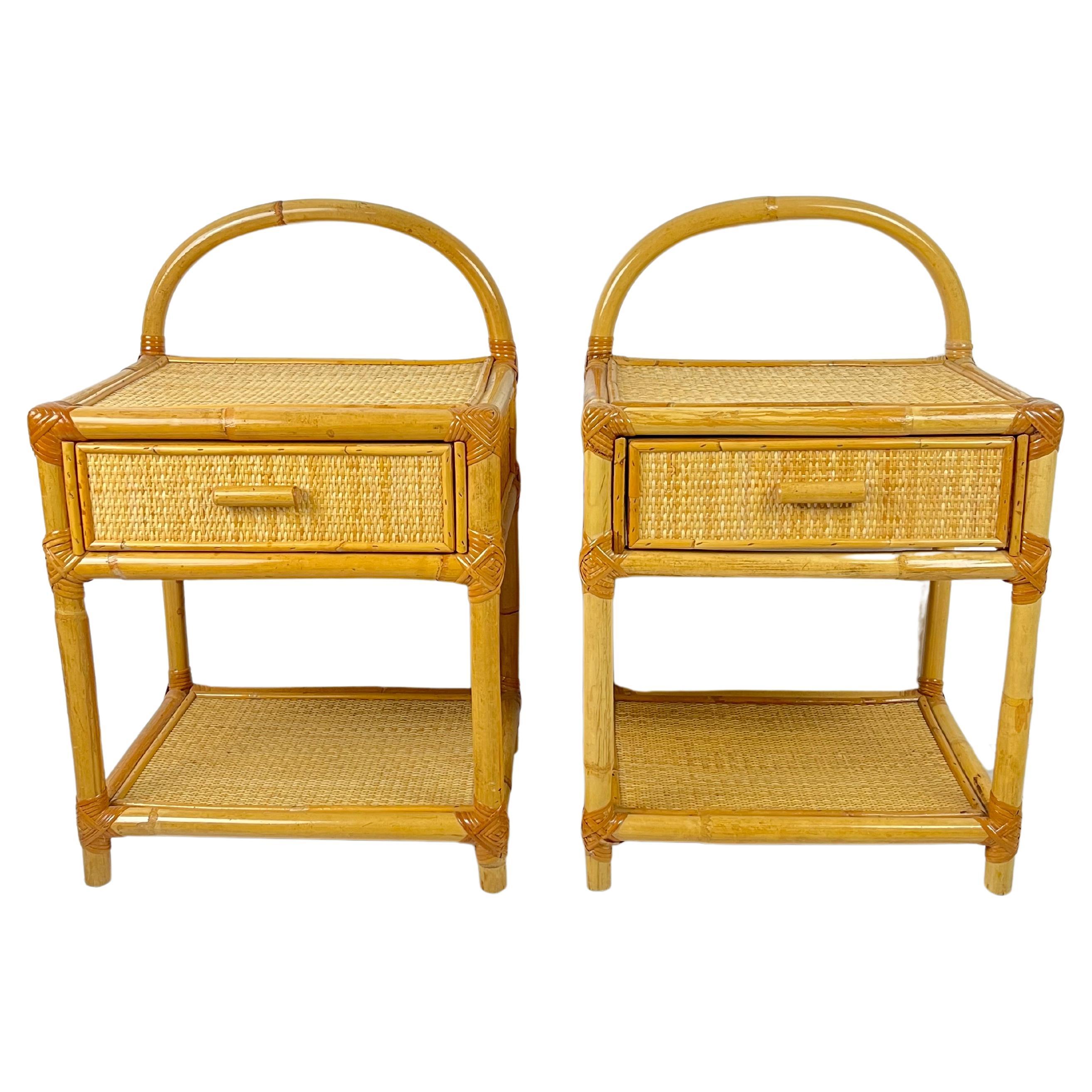 Pair of Vintage Italian  Bamboo and Rattan Bedside Tables 1970s For Sale