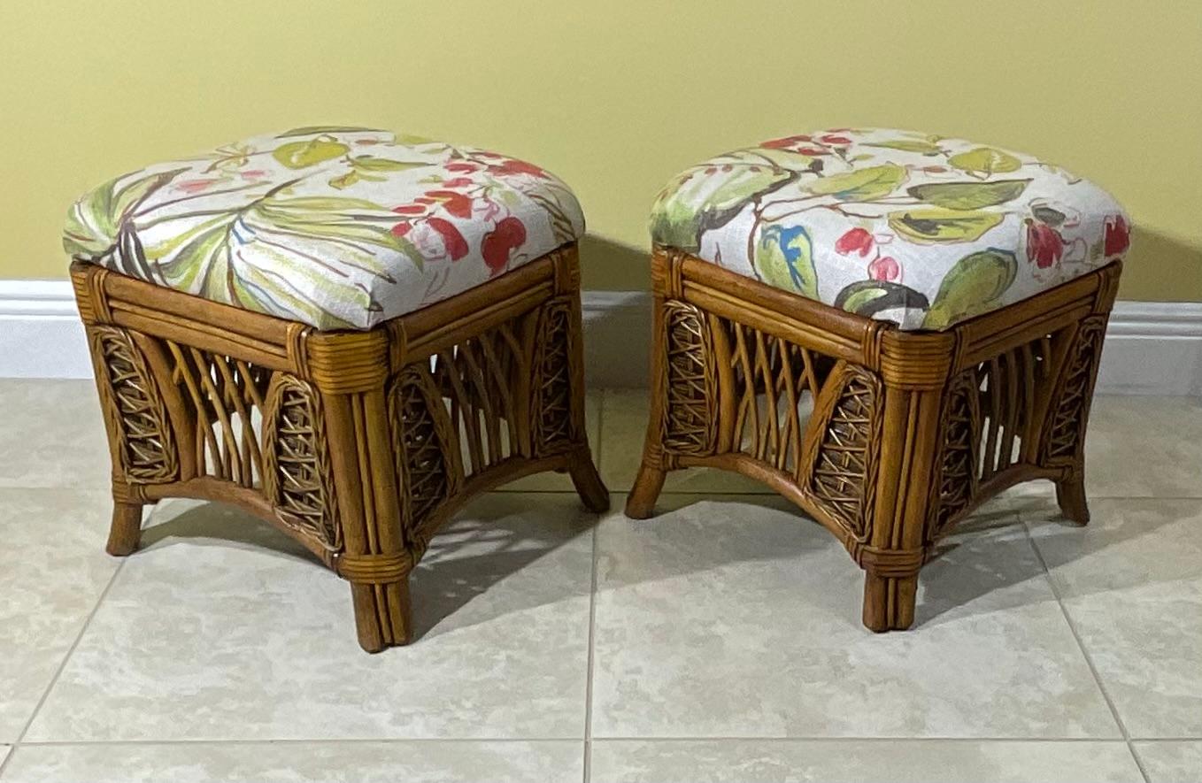 Hand-Crafted Pair of Vintage Bamboo and Rattan Benches or Stools For Sale
