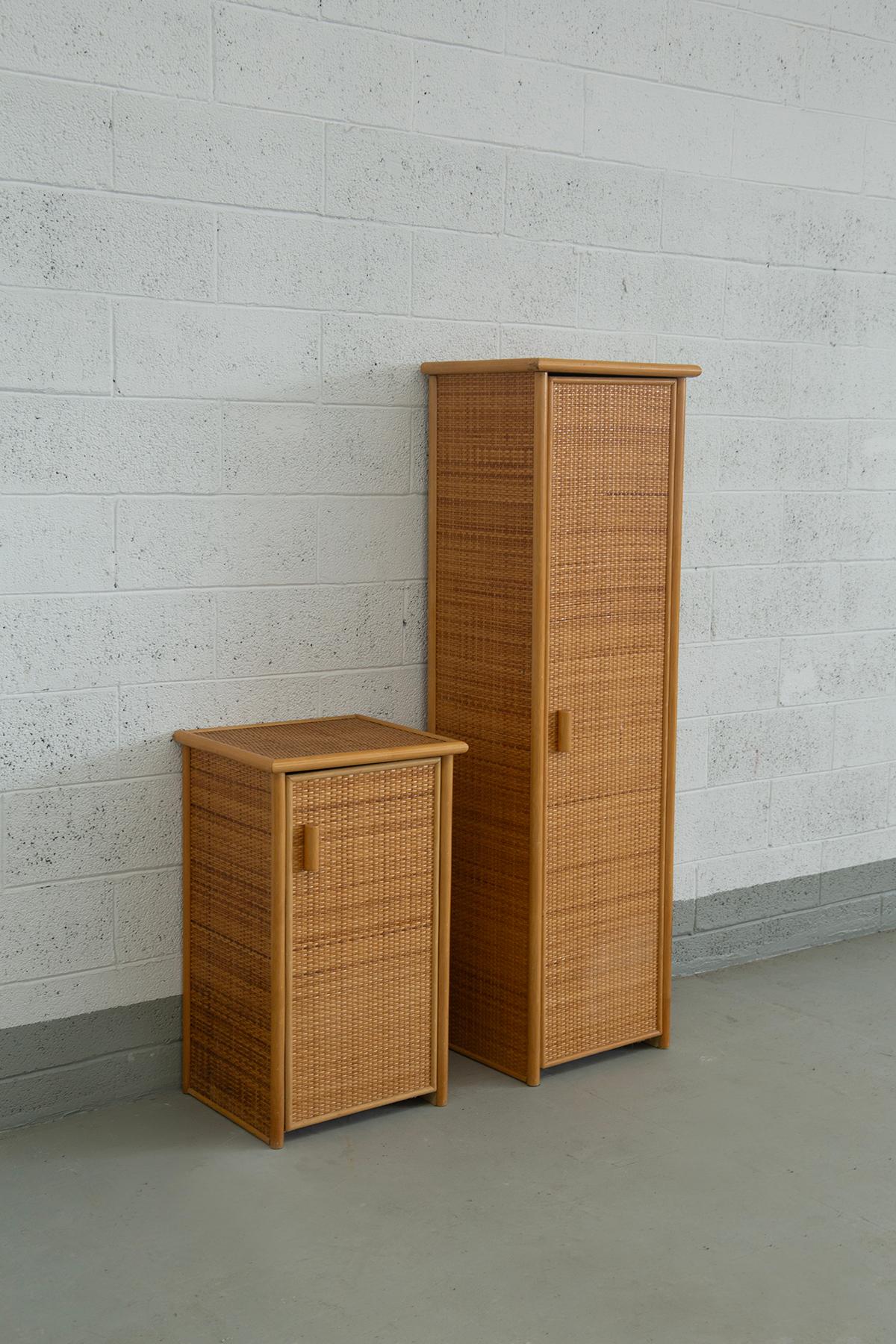 Pair of 1970s Italian Rattan and Bamboo Garden Cabinets with Wooden Interiors
Charming Vintage Outdoor Storages in Natural Materials
This rare pair of Italian garden cabinets from the 1970s showcases the timeless appeal of rattan and bamboo