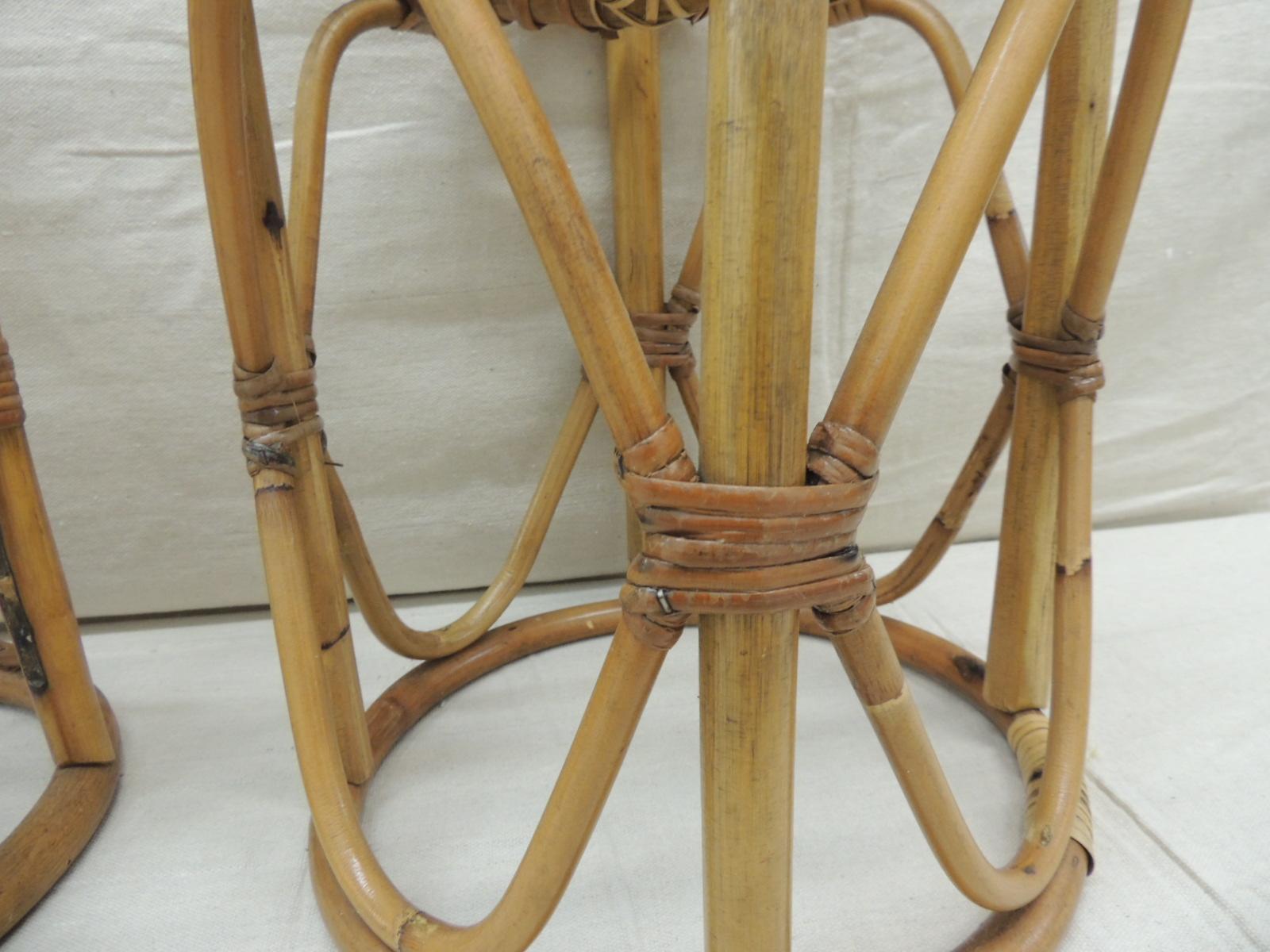 Bohemian Pair of Vintage Bamboo and Rattan Round Stools or Side Tables