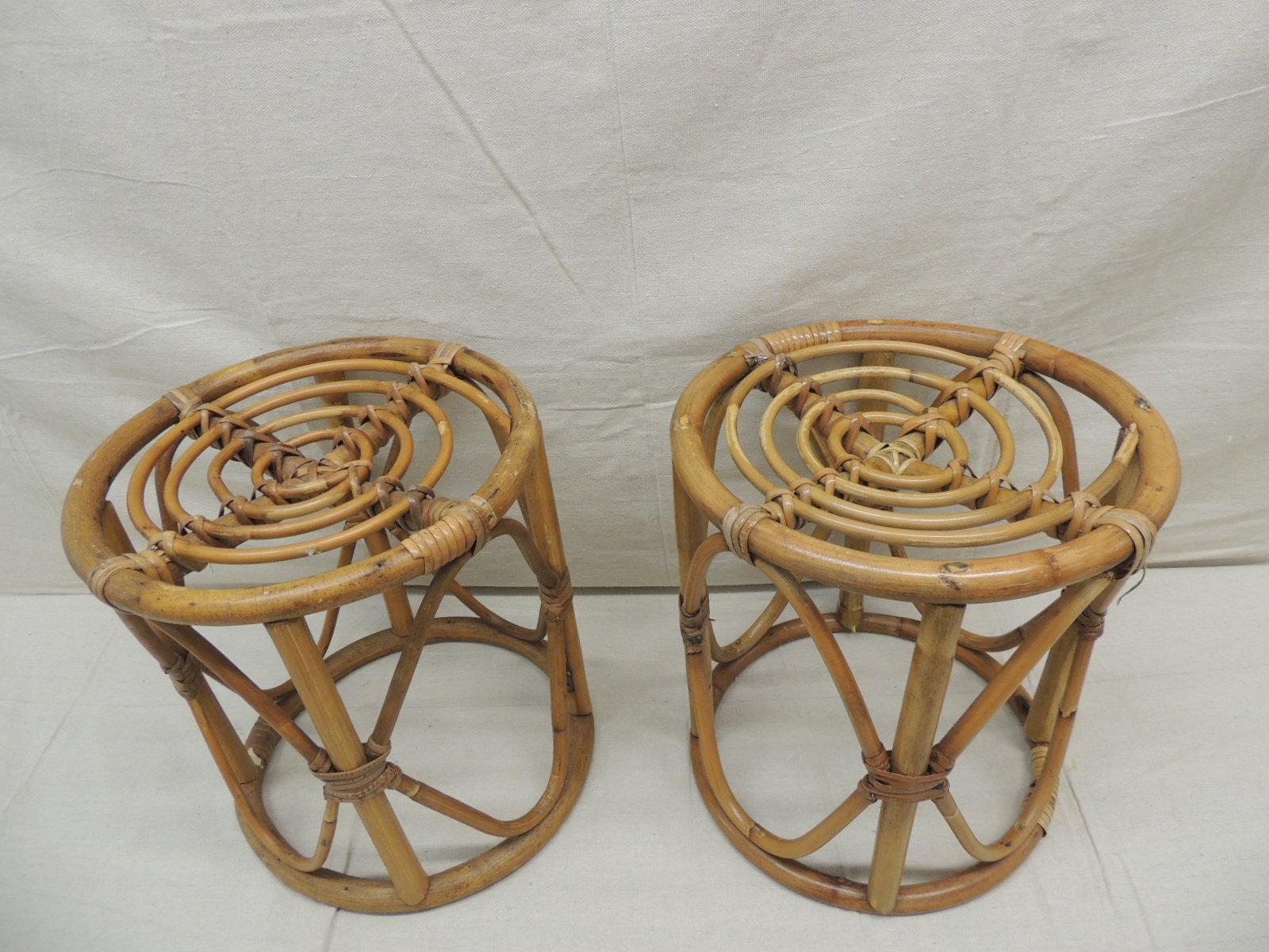 Asian Pair of Vintage Bamboo and Rattan Round Stools or Side Tables