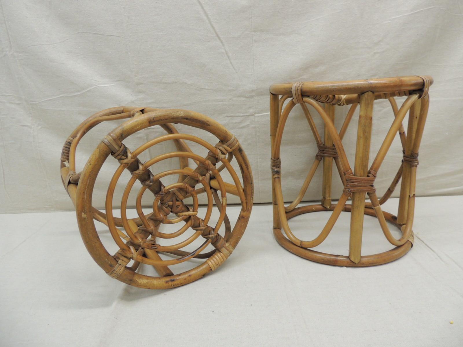 Hand-Crafted Pair of Vintage Bamboo and Rattan Round Stools or Side Tables