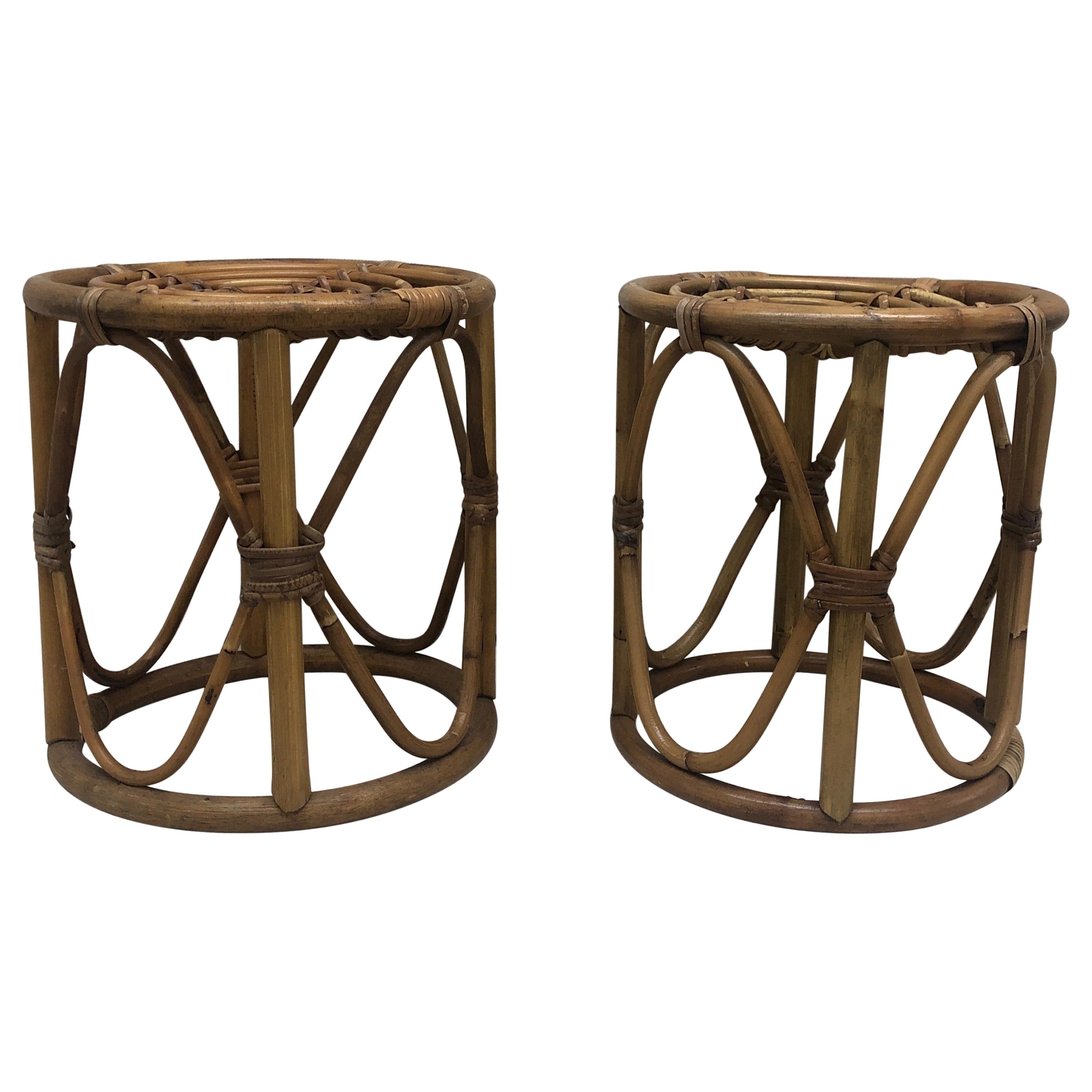 Pair of Vintage Bamboo and Rattan Round Stools or Side Tables