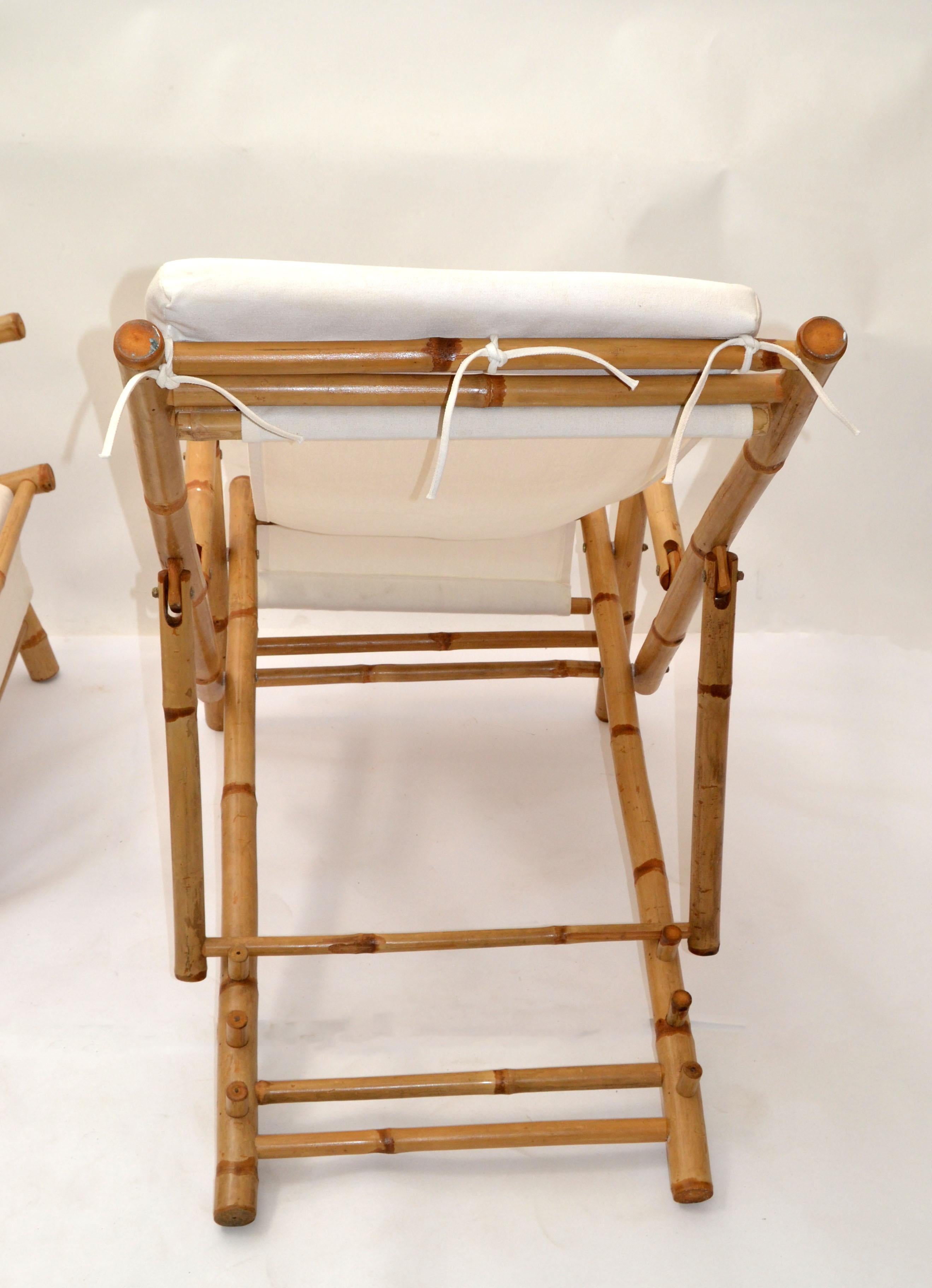 Pair of Vintage Bamboo, Brass & Linen Fabric Folding Lounge Chairs, 1970 For Sale 5