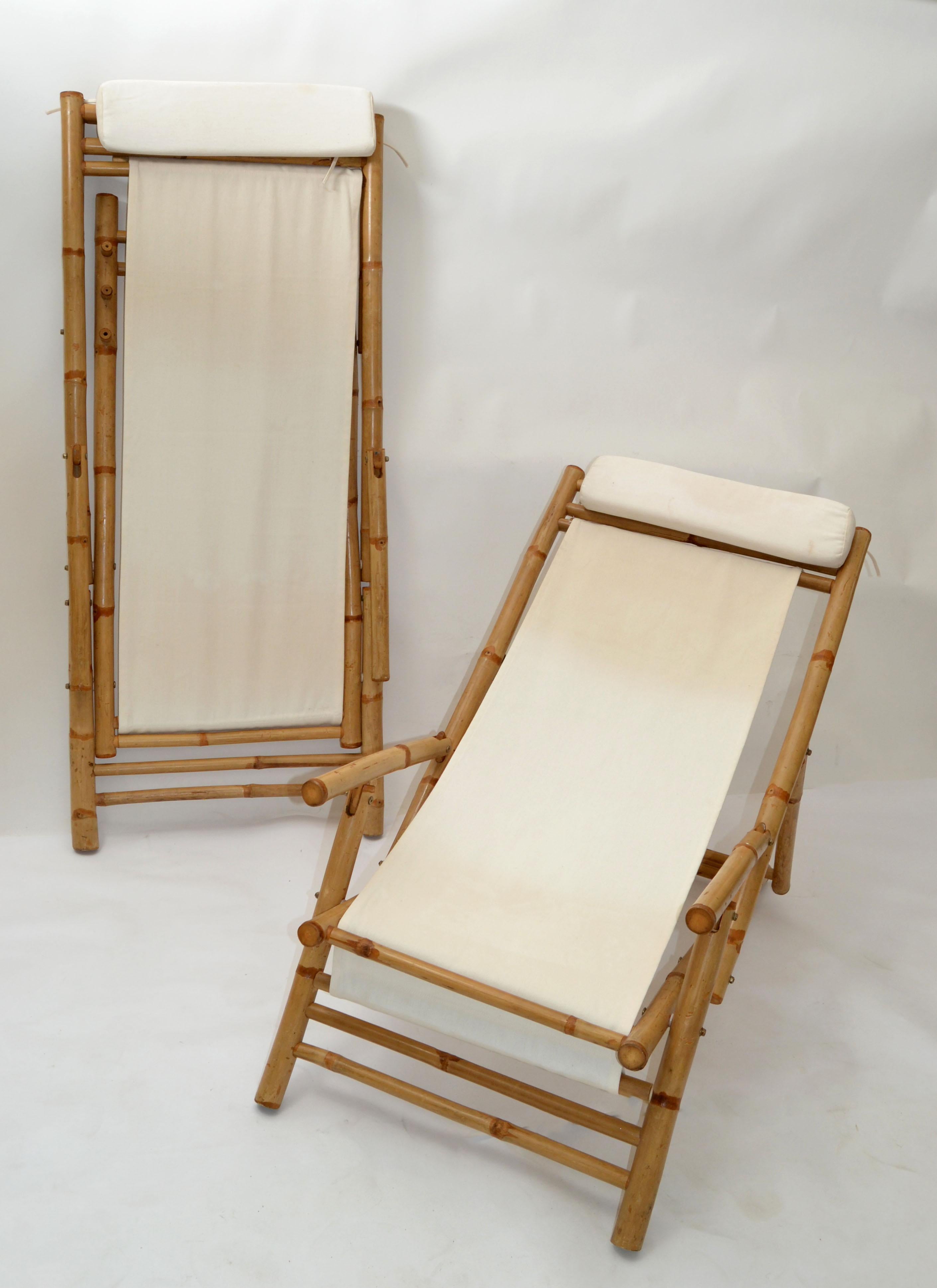 Pair of Vintage Bamboo, Brass & Linen Fabric Folding Lounge Chairs, 1970 For Sale 6