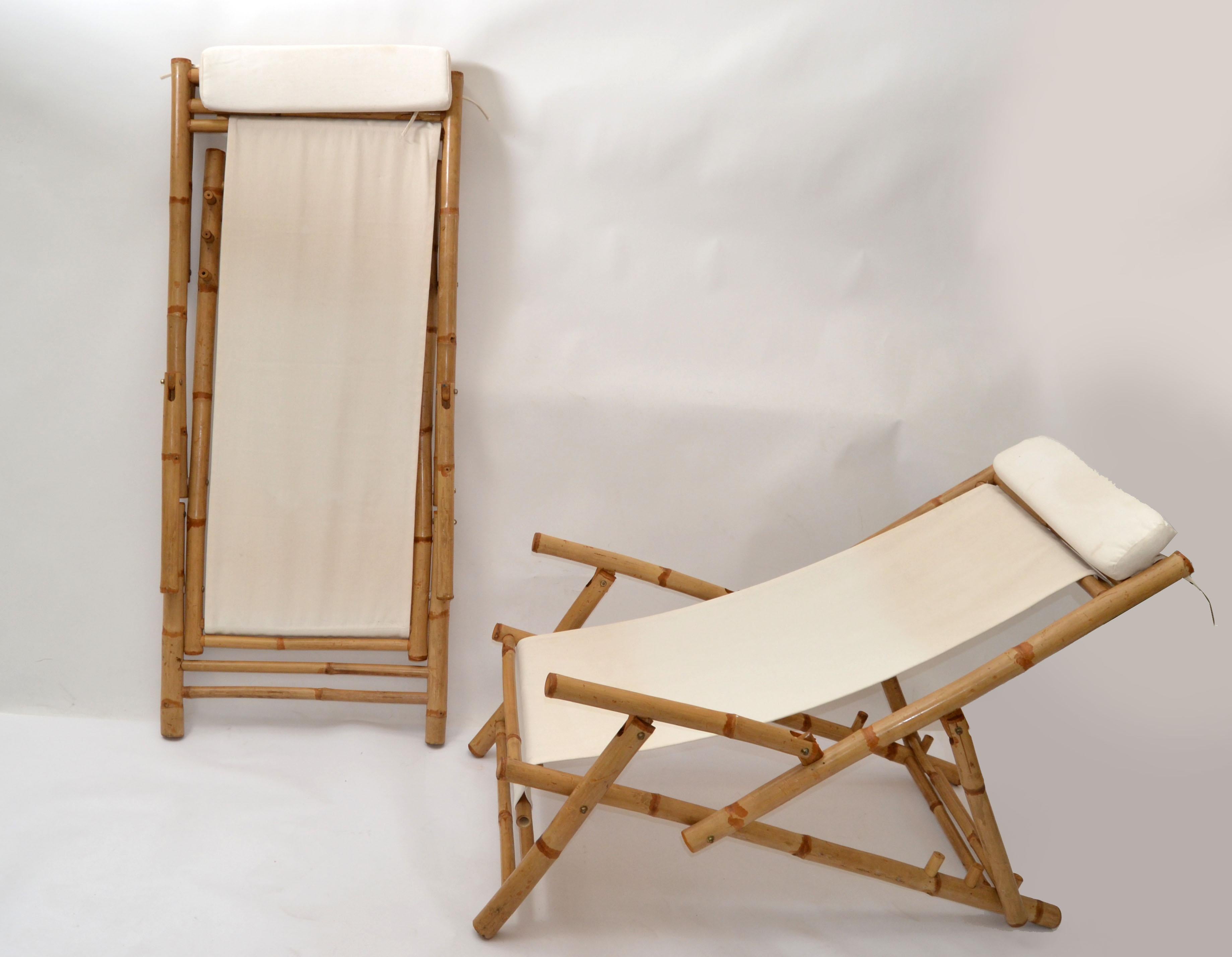 Pair of Vintage Bamboo, Brass & Linen Fabric Folding Lounge Chairs, 1970 For Sale 7