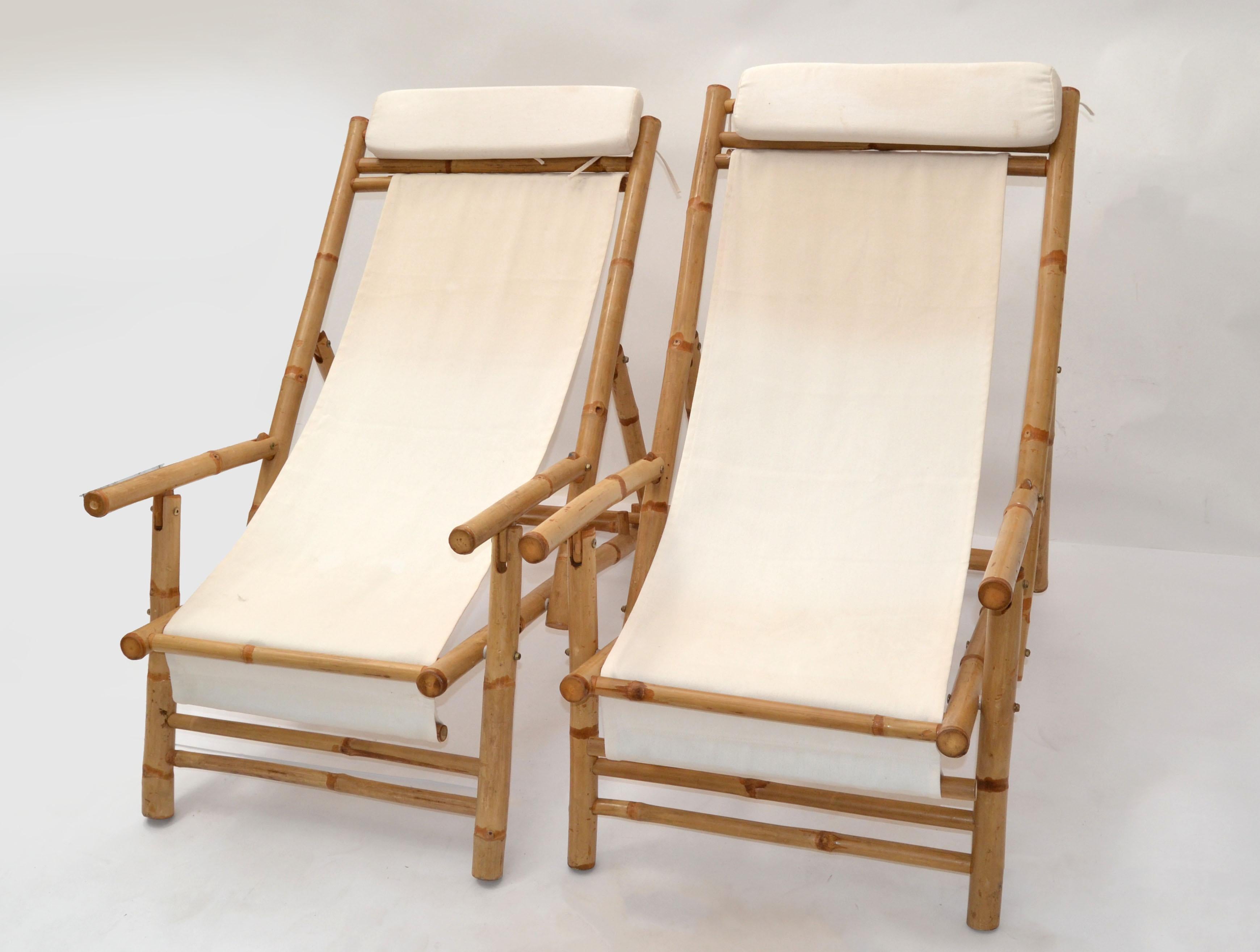 Pair of Vintage Bamboo, Brass & Linen Fabric Folding Lounge Chairs, 1970 For Sale 8