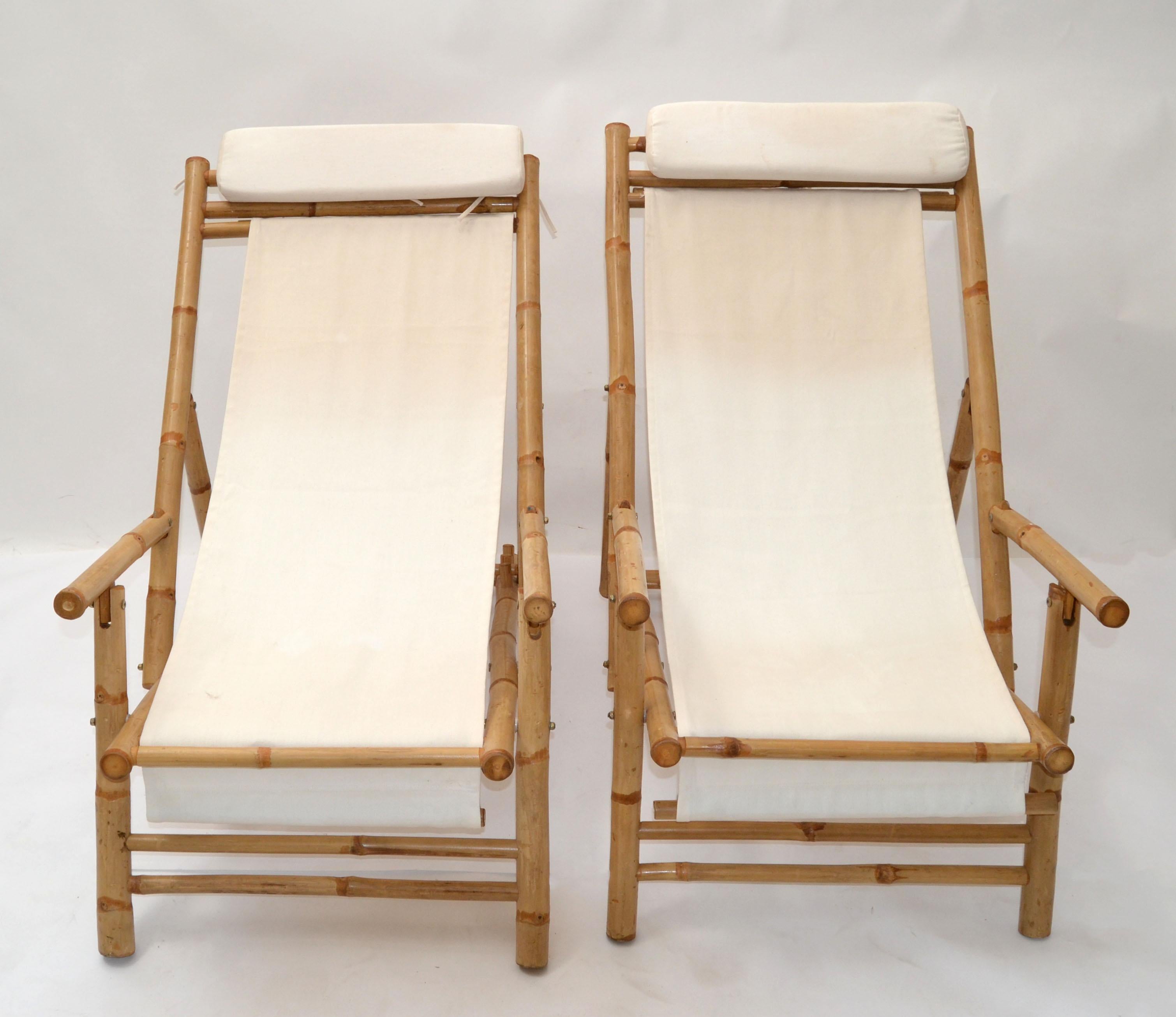 Mid-Century Modern Pair of Vintage Bamboo, Brass & Linen Fabric Folding Lounge Chairs, 1970 For Sale