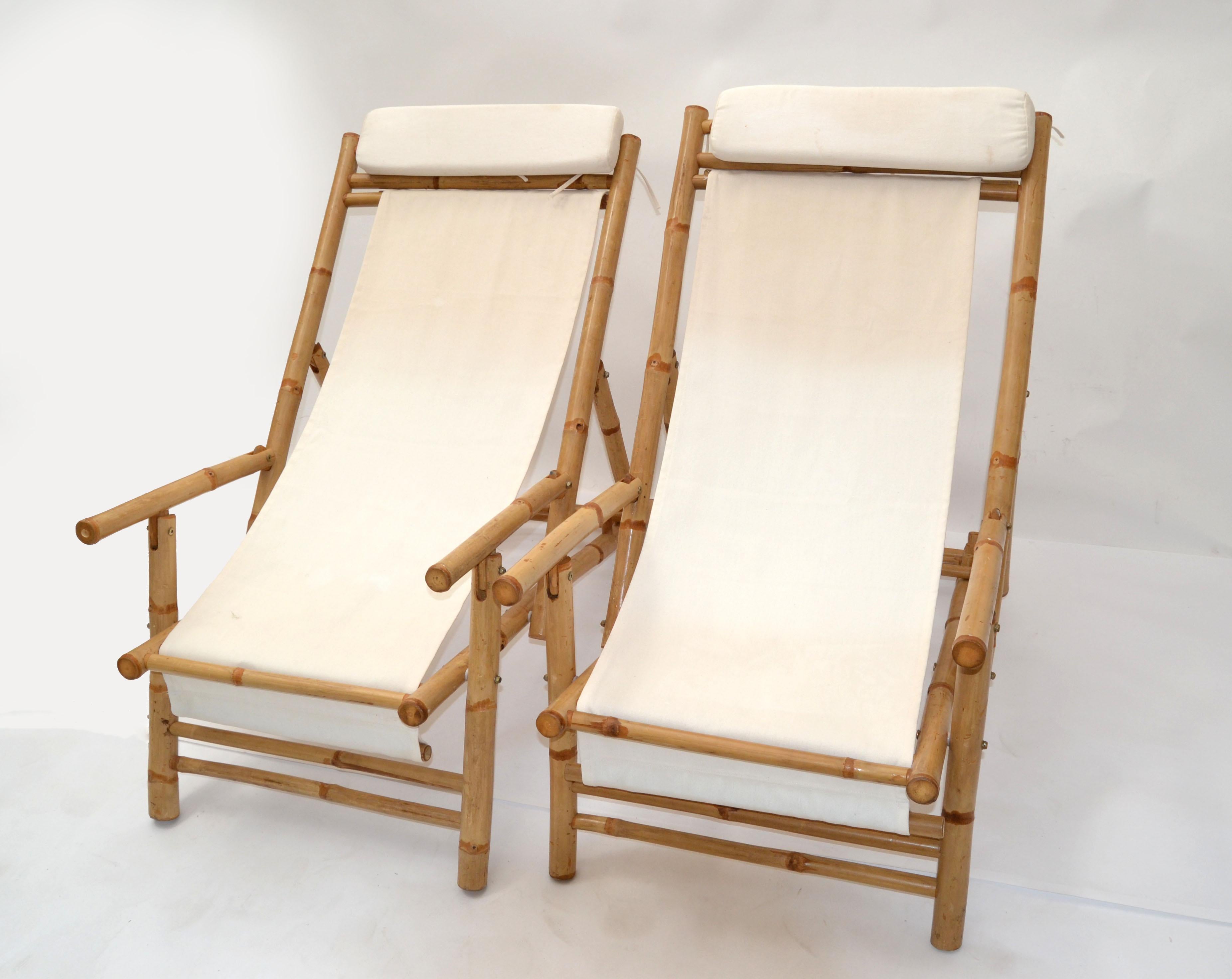 American Pair of Vintage Bamboo, Brass & Linen Fabric Folding Lounge Chairs, 1970 For Sale