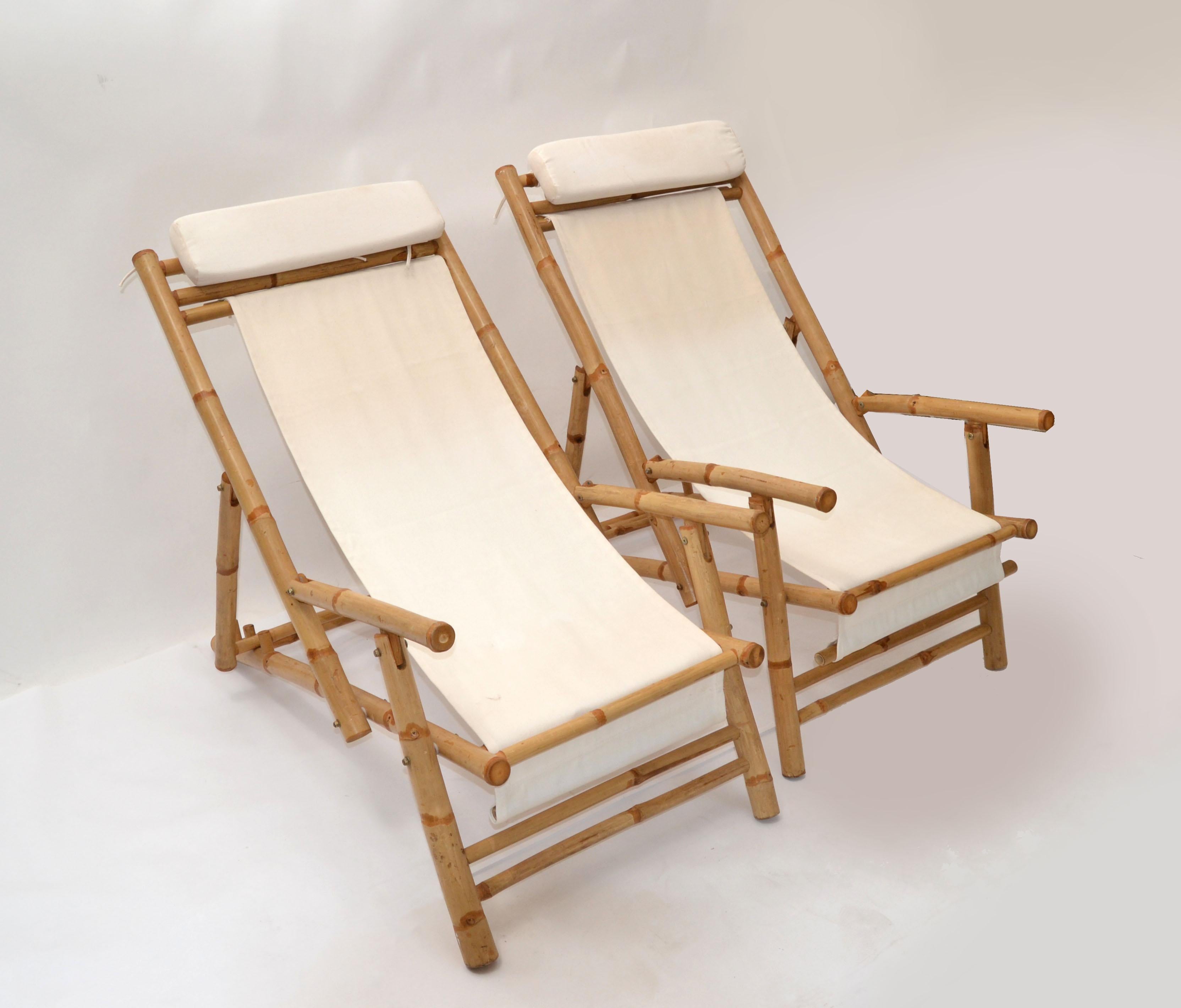Hand-Crafted Pair of Vintage Bamboo, Brass & Linen Fabric Folding Lounge Chairs, 1970 For Sale