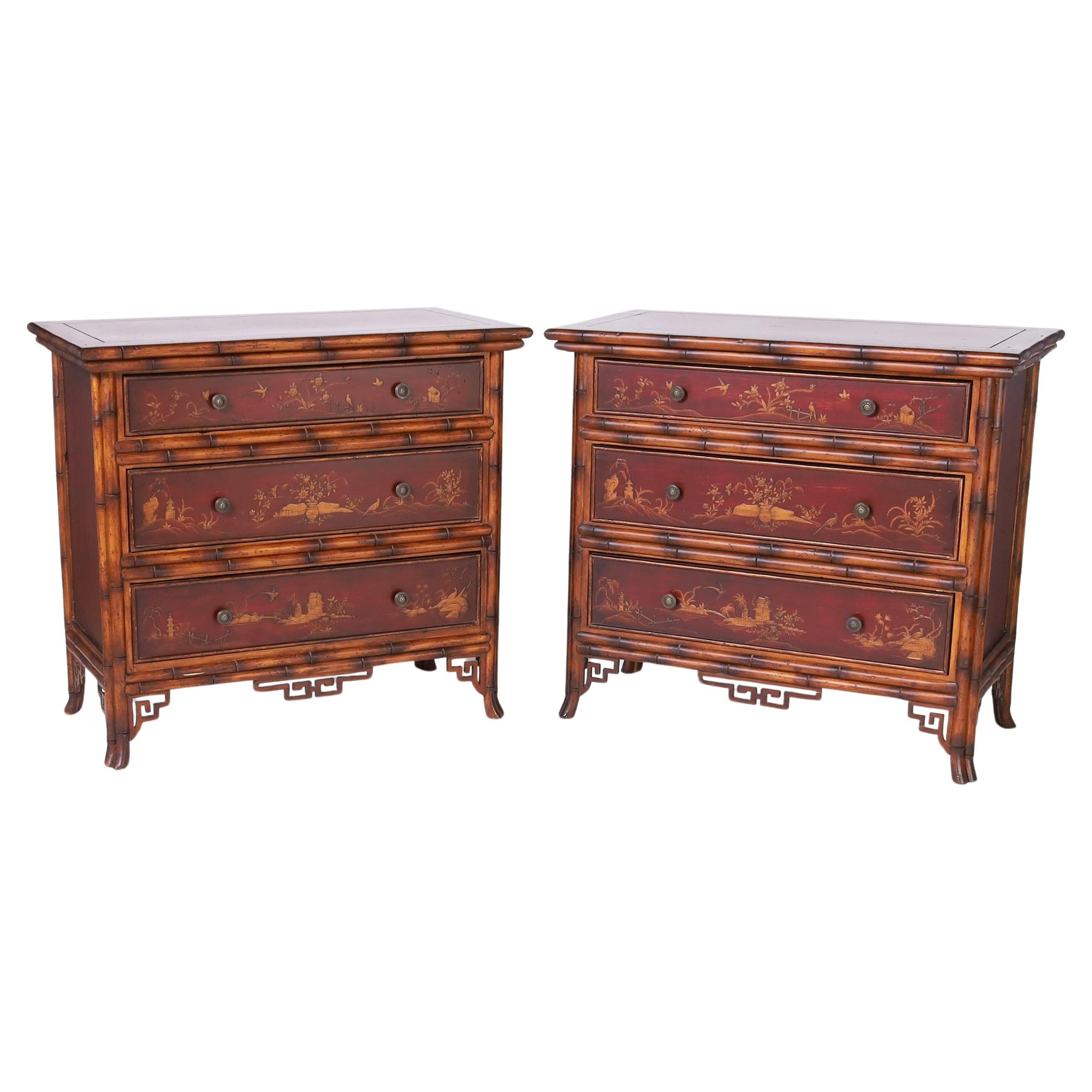 Pair of Vintage Faux Bamboo Chinoiserie Chests For Sale