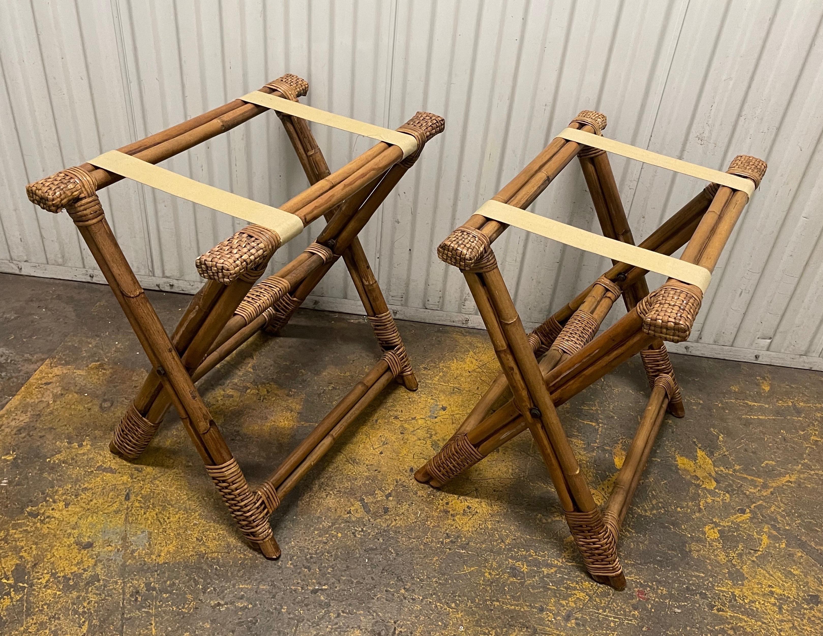 Pair of vintage bamboo & leather trimmed luggage racks.