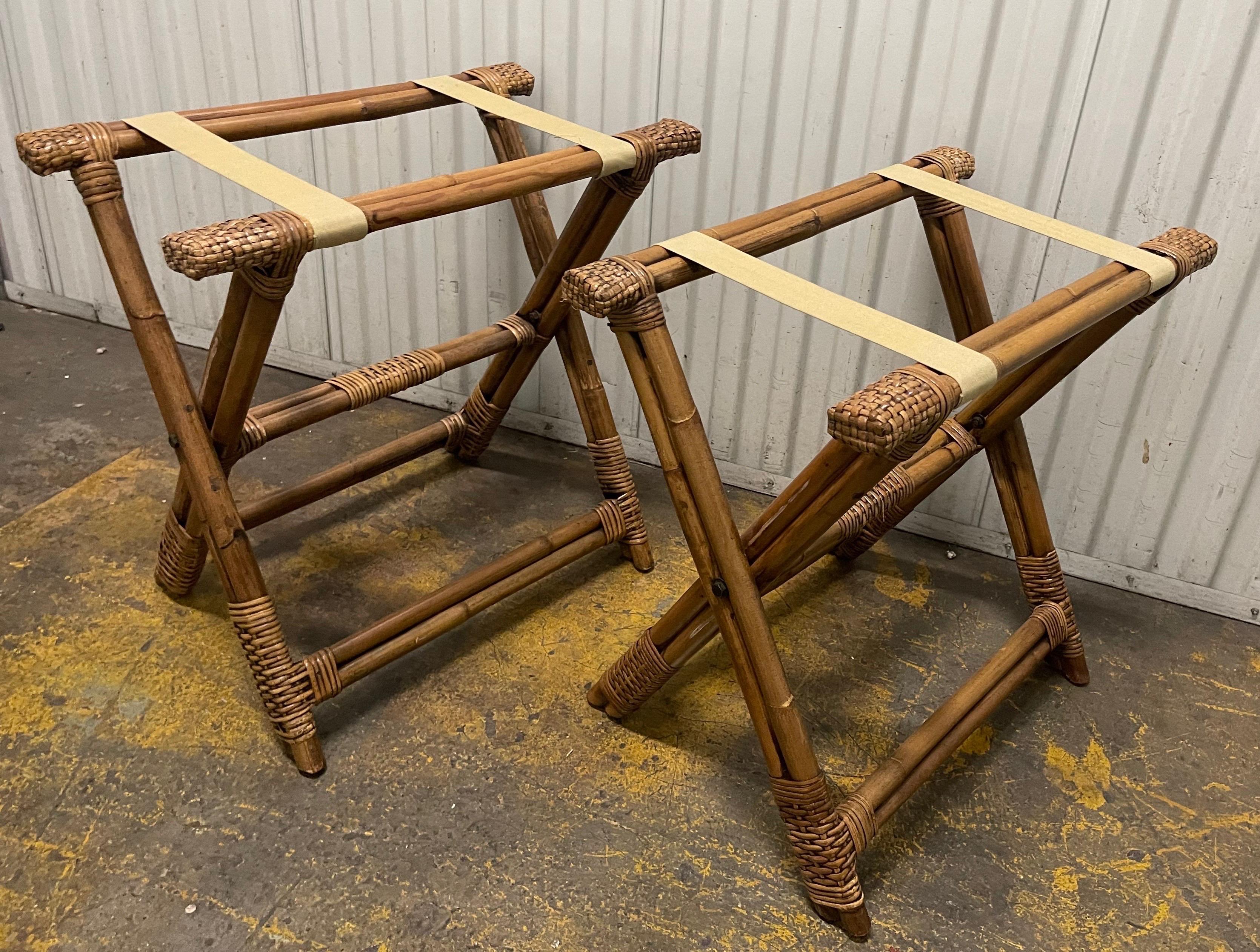 Pair of Vintage Bamboo & Leather Luggage Racks In Good Condition In West Palm Beach, FL