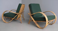 Pair of Vintage Bamboo Lounge Chairs with Green Cushions Italy 1950's