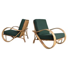Pair of Vintage Bamboo Lounge Chairs with Green Cushions Italy 1950's