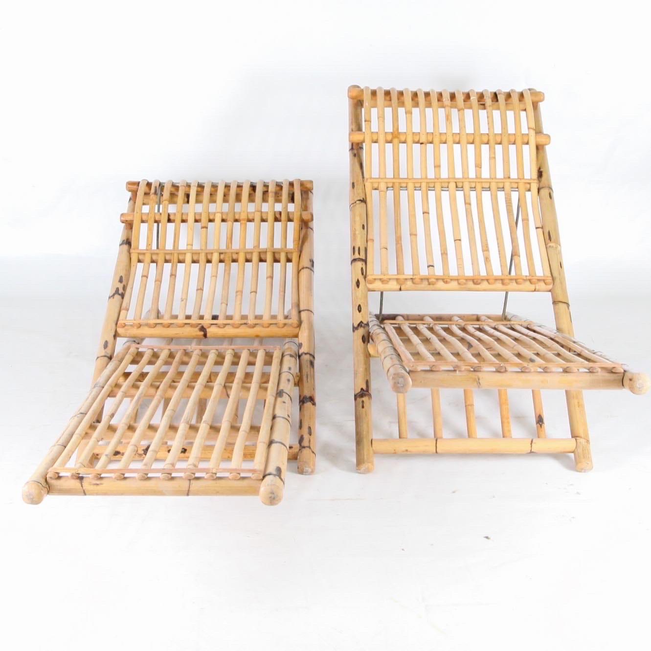 Pair of vintage rare bamboo loungers in 2 parts 