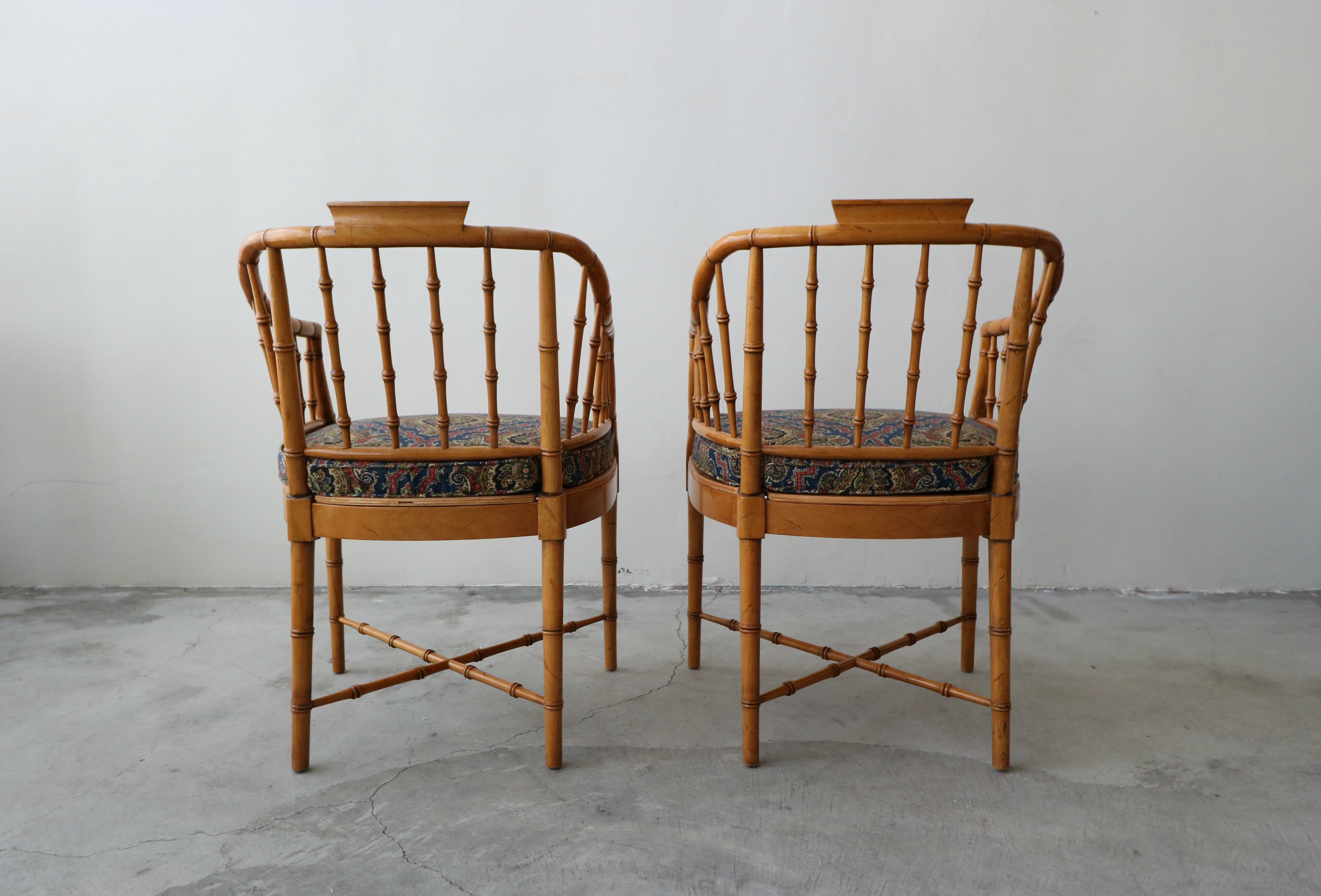 Pair of Vintage Bamboo Regency Chippendale Chinoiserie Style Side Accent Chairs In Excellent Condition In Las Vegas, NV