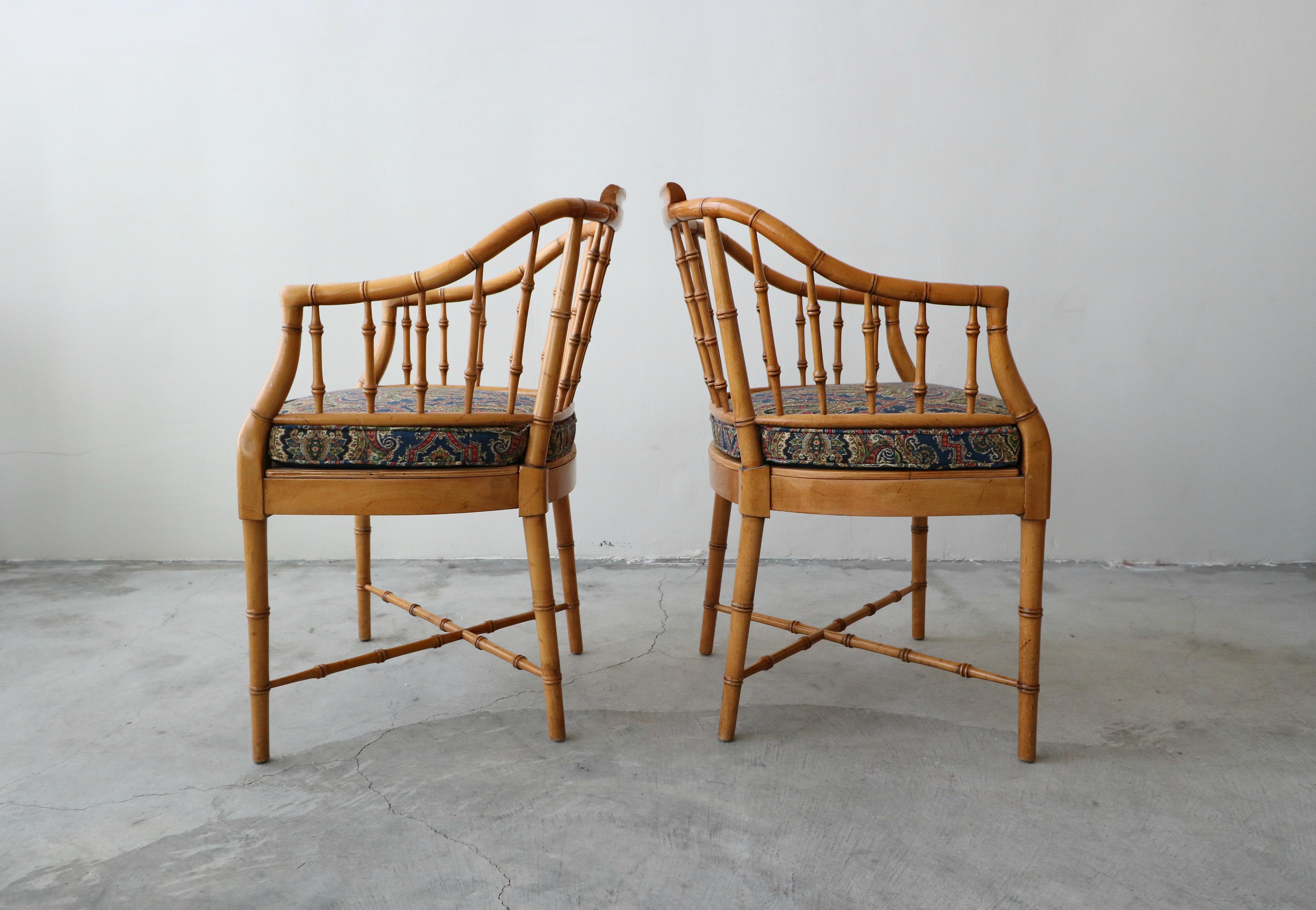 Pair of Vintage Bamboo Regency Chippendale Chinoiserie Style Side Accent Chairs 1