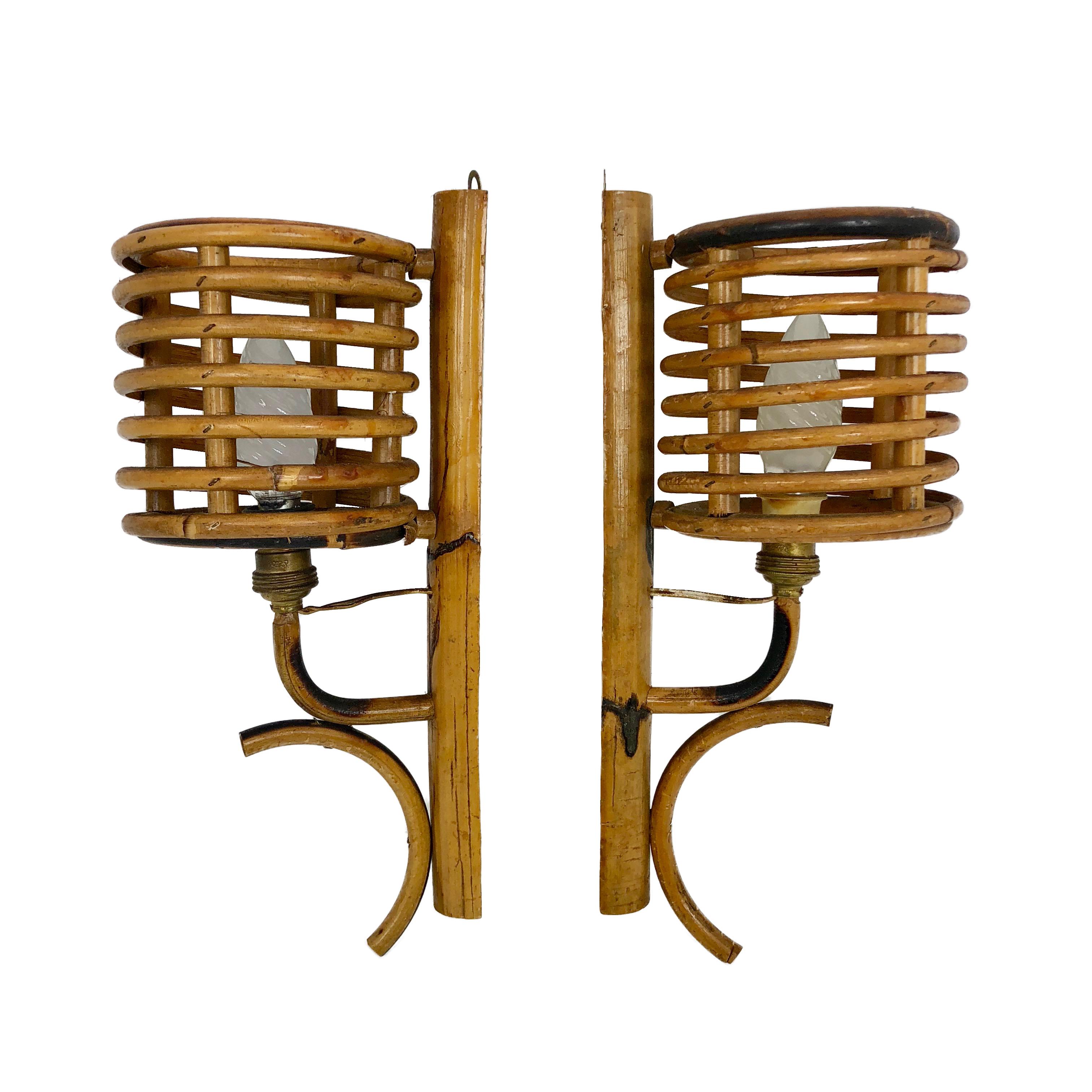 Pair of vintage bamboo sconces, Italy, 1950s.