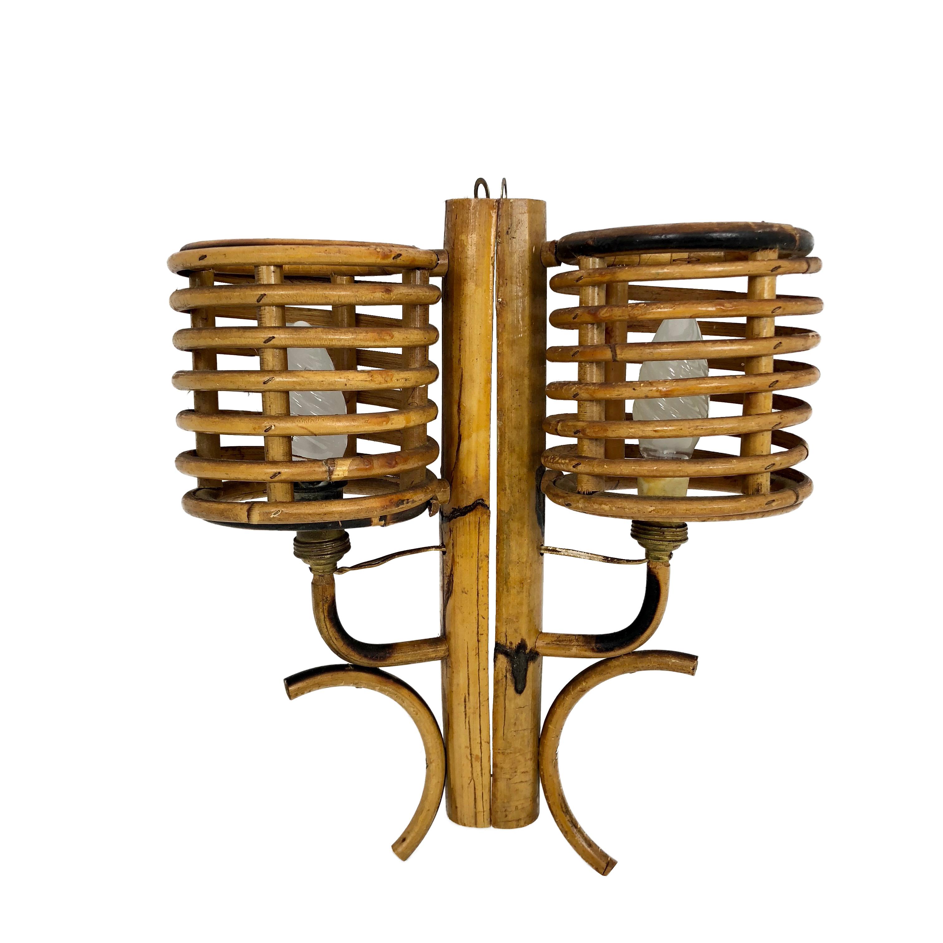 Mid-Century Modern Pair of Vintage Bamboo Sconces, Italy, 1950s