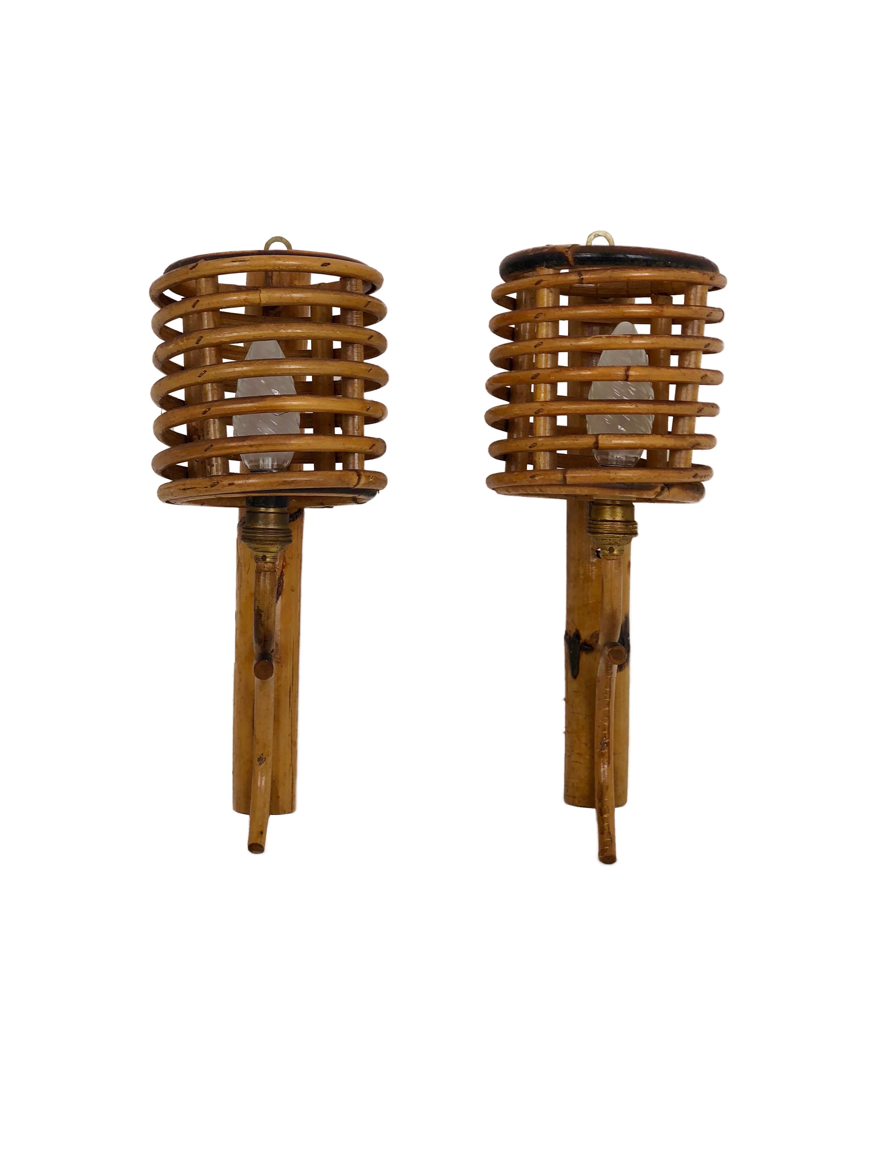 Pair of Vintage Bamboo Sconces, Italy, 1950s In Good Condition In Rome, IT