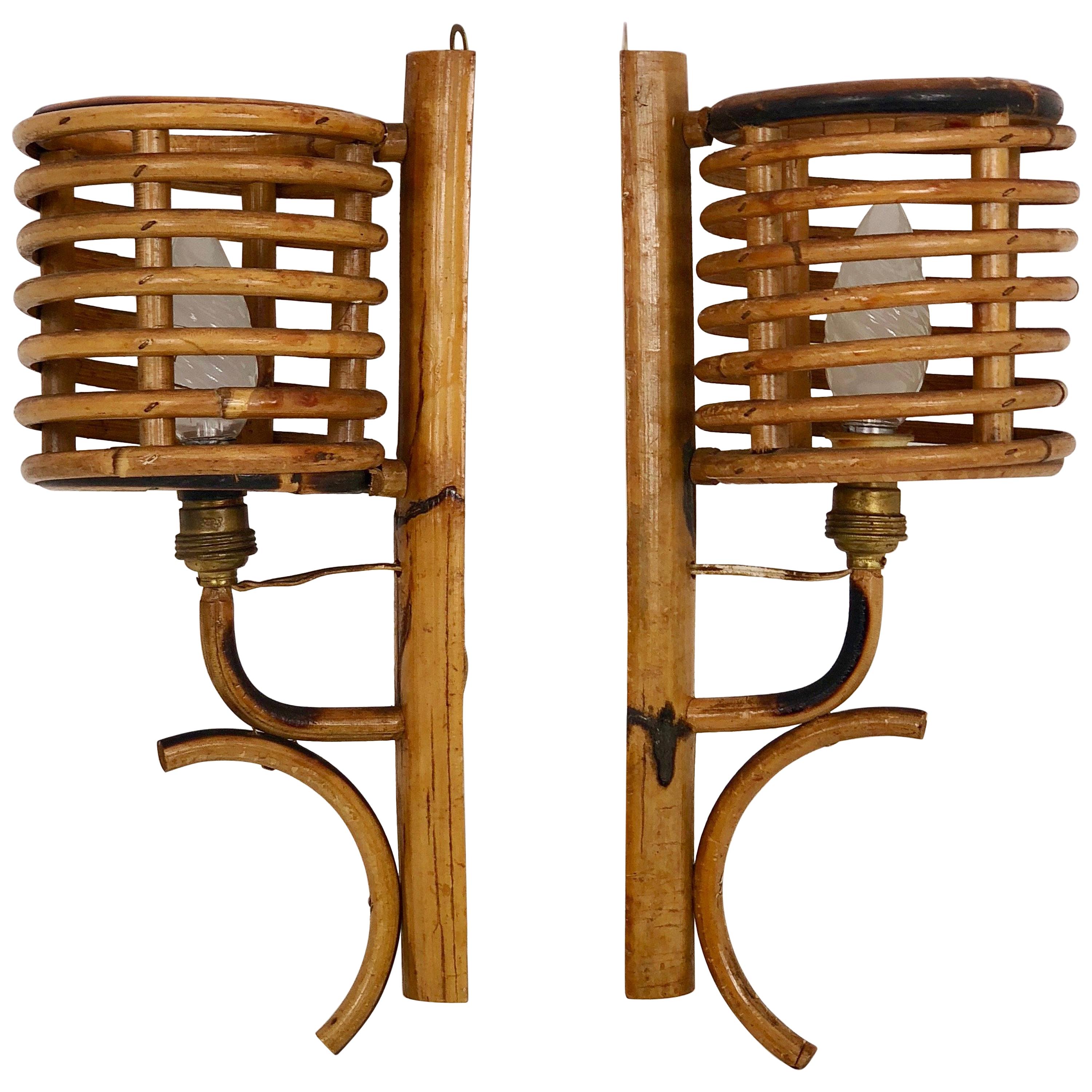 Pair of Vintage Bamboo Sconces, Italy, 1950s
