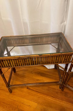 Vintage Pair of Bamboo Side Tables with Glass Tops, Rectangular Design, 1950s