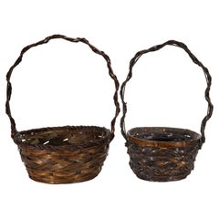 Coppia di cesti Ikebana Hanakago in vimini di bambù vintage con manici
