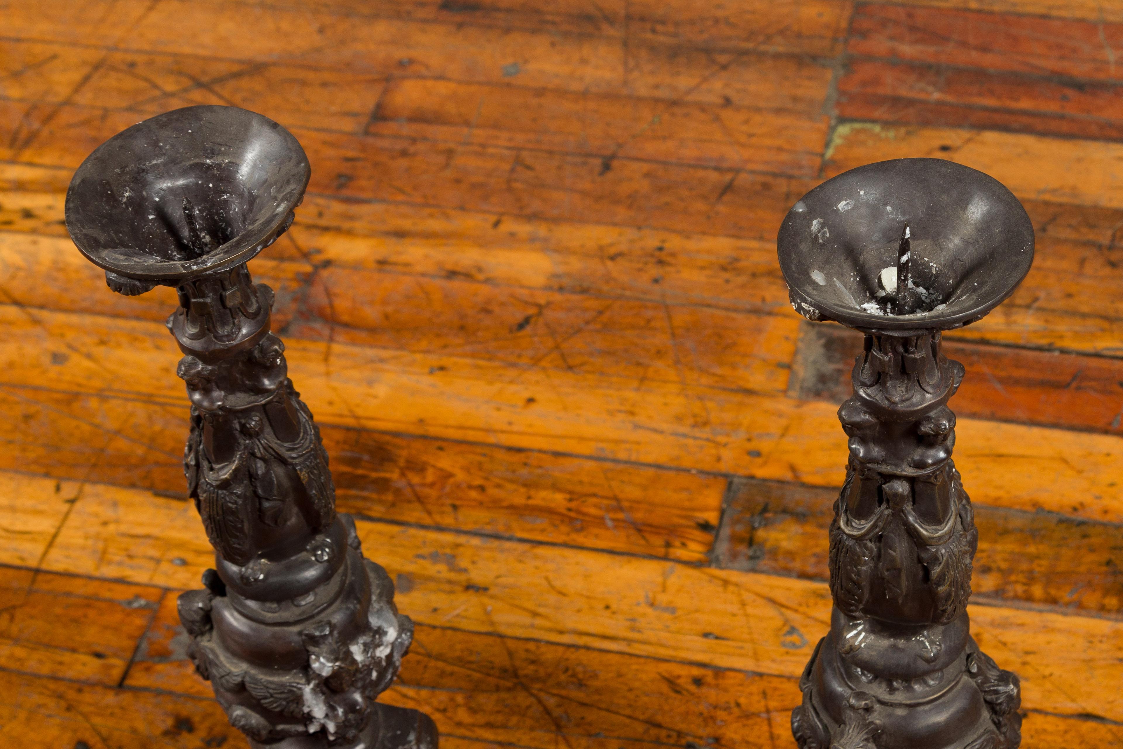 Pair of Vintage Baroque Style Cast Bronze Candlesticks with Cherub Figures For Sale 7