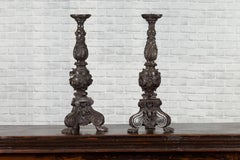 Pair of Vintage Baroque Style Cast Bronze Candlesticks with Cherub Figures