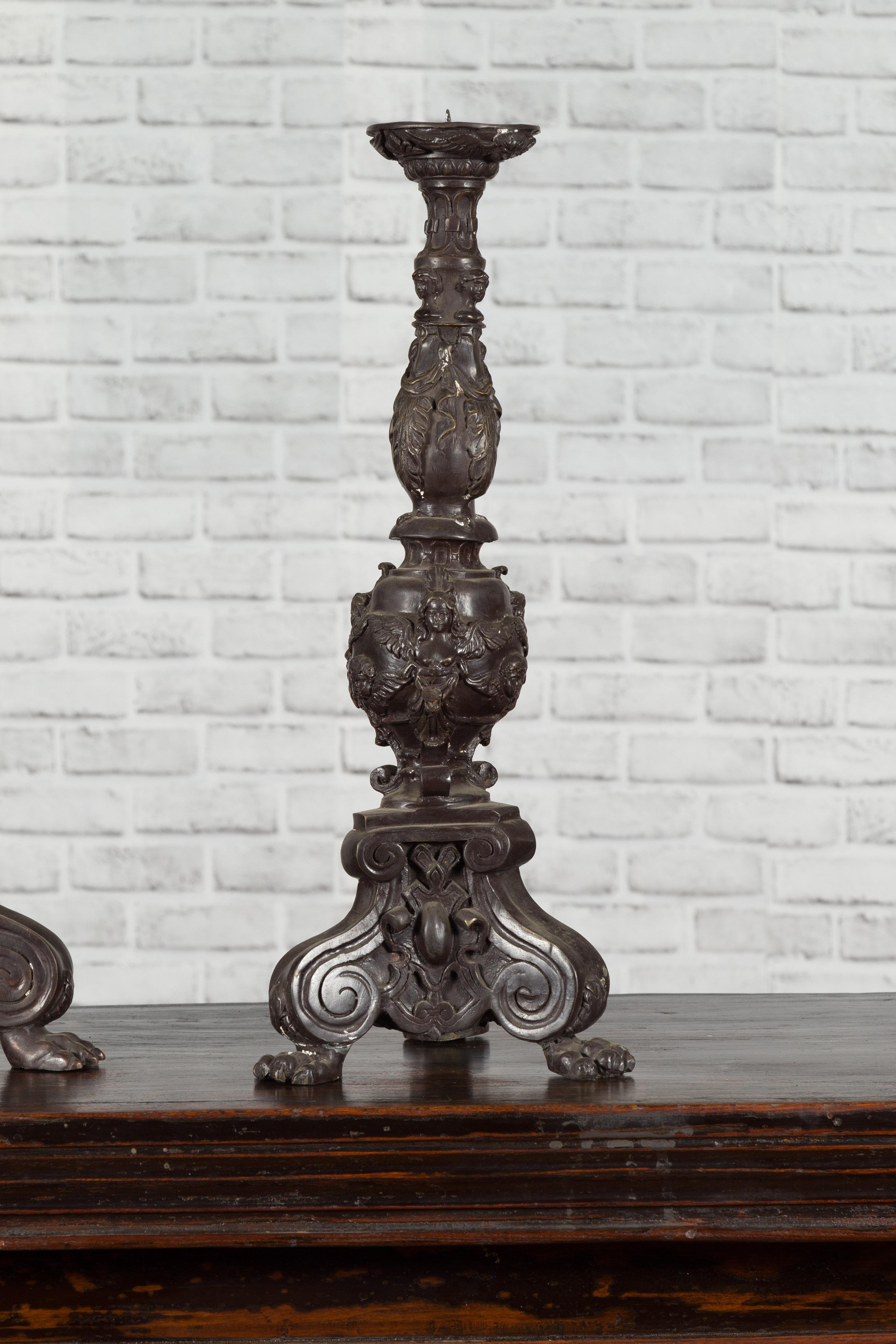 Pair of Vintage Baroque Style Cast Bronze Candlesticks with Cherub Figures In Good Condition For Sale In Yonkers, NY