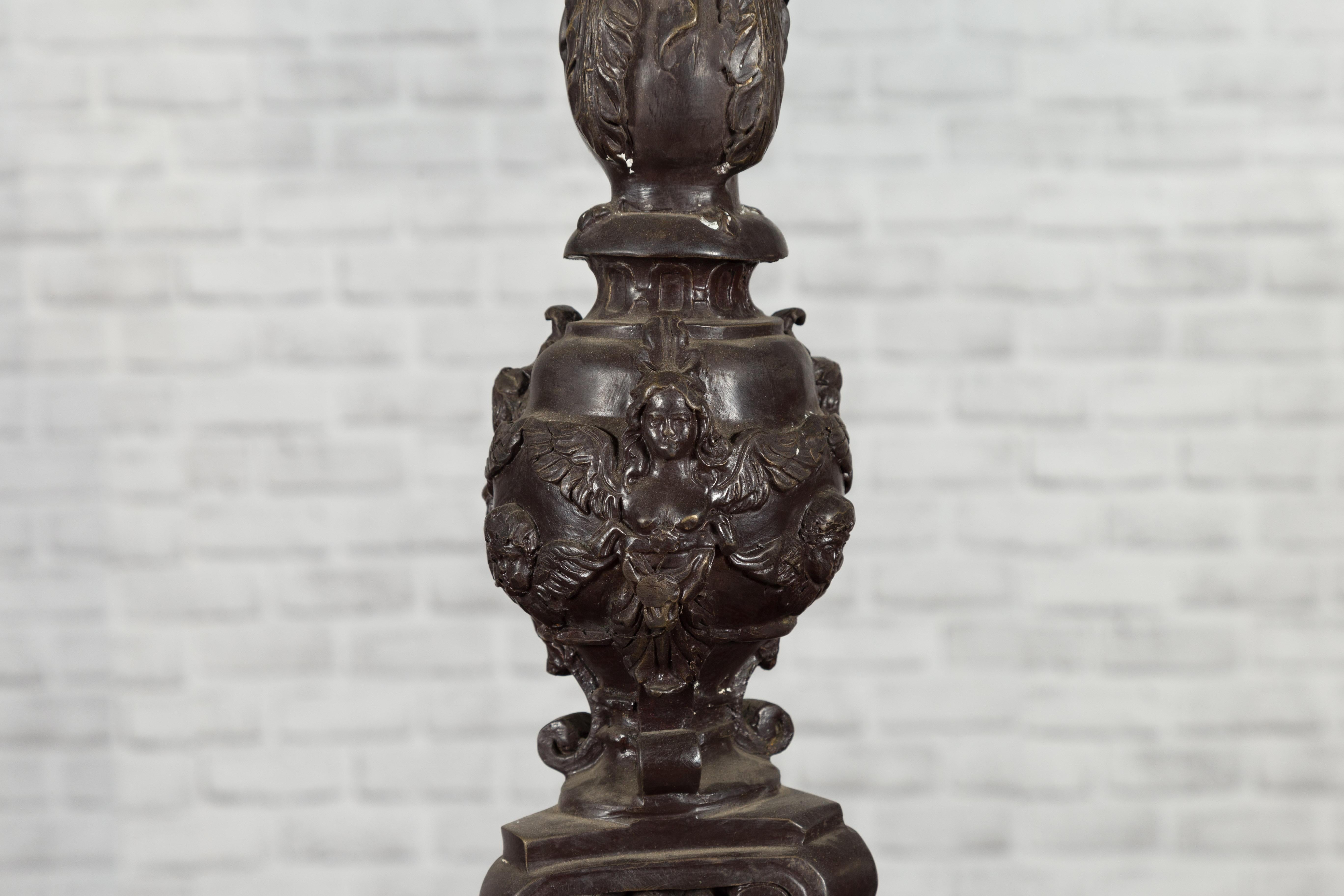 20th Century Pair of Vintage Baroque Style Cast Bronze Candlesticks with Cherub Figures For Sale
