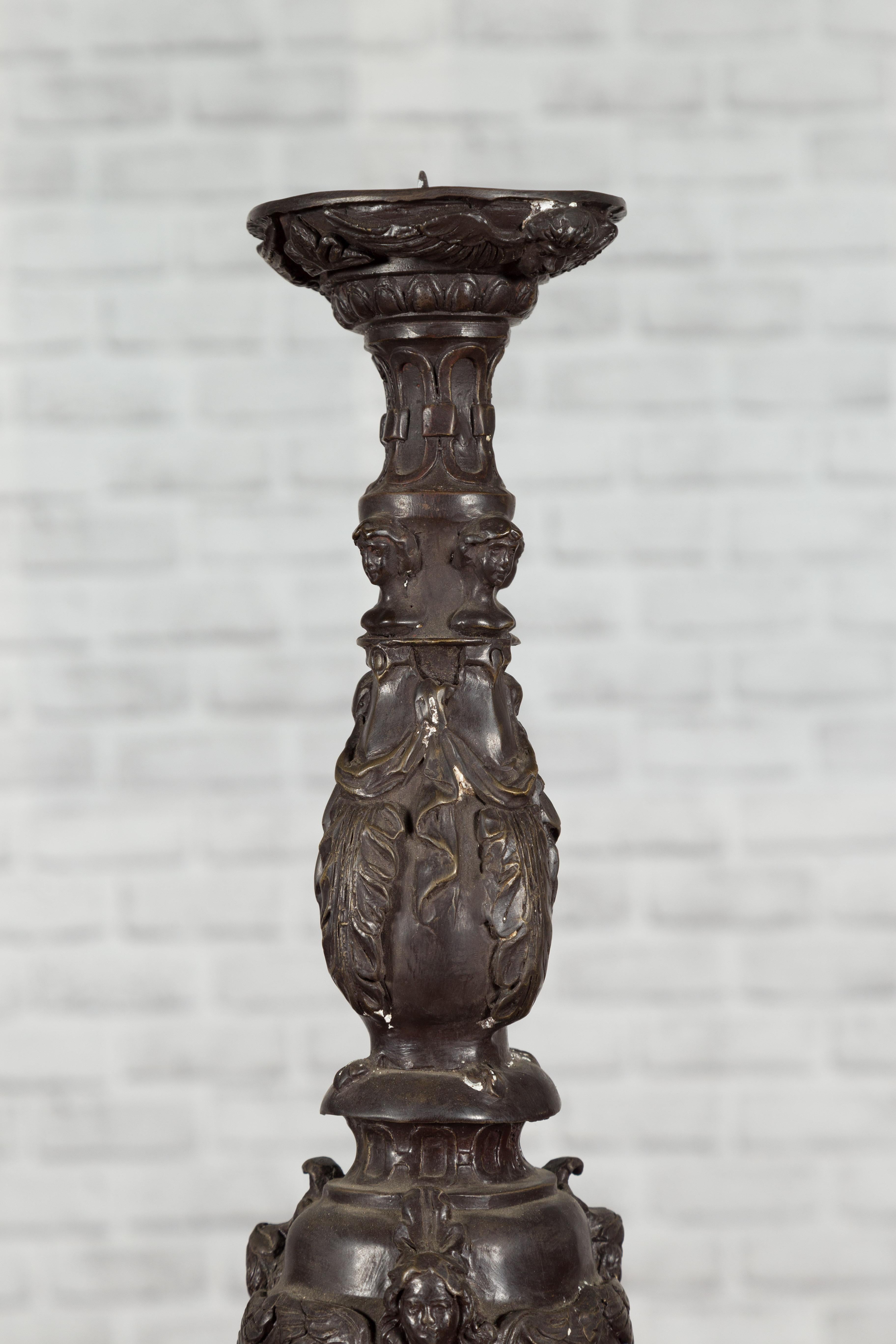 Pair of Vintage Baroque Style Cast Bronze Candlesticks with Cherub Figures For Sale 1