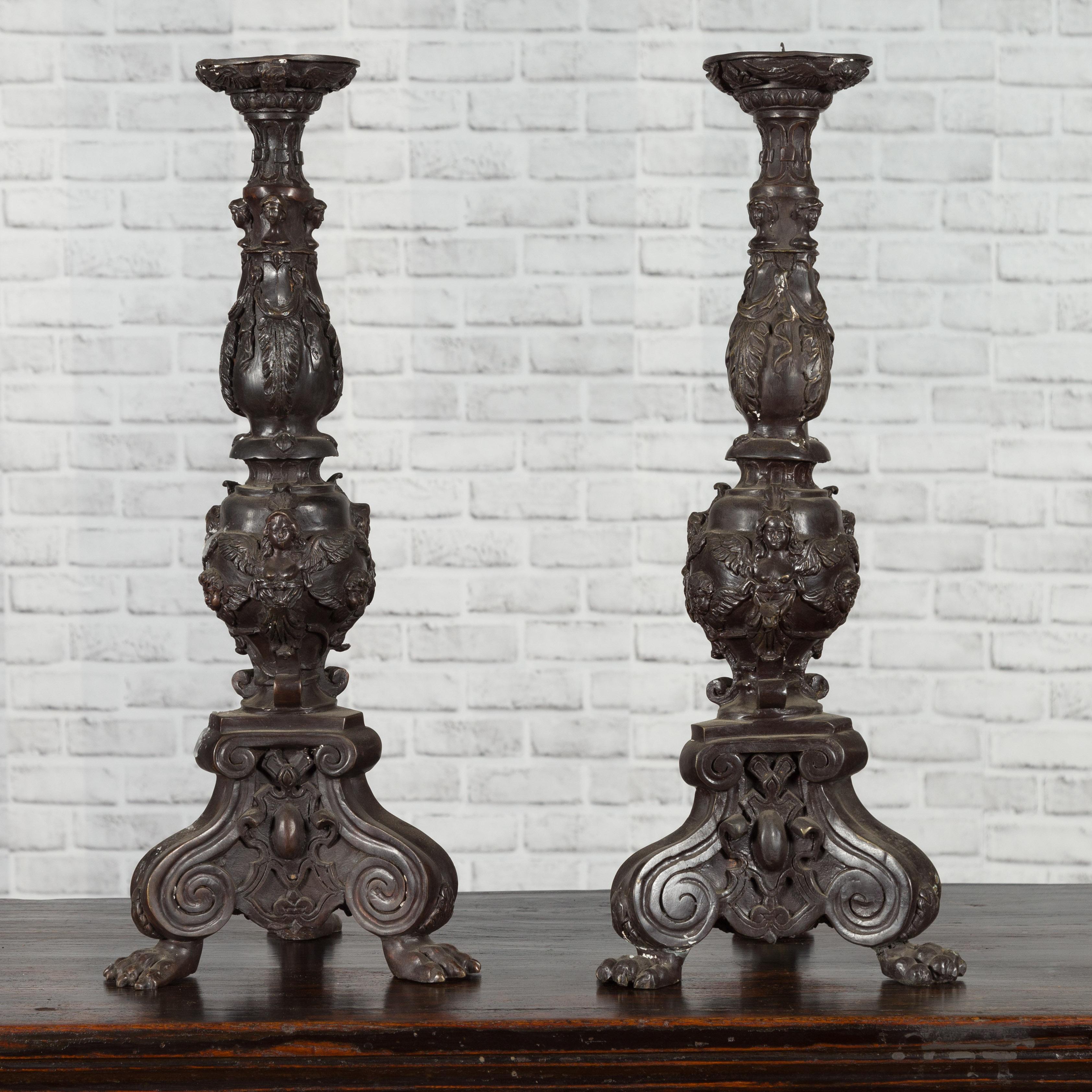 Pair of Vintage Baroque Style Cast Bronze Candlesticks with Cherub Figures For Sale 3