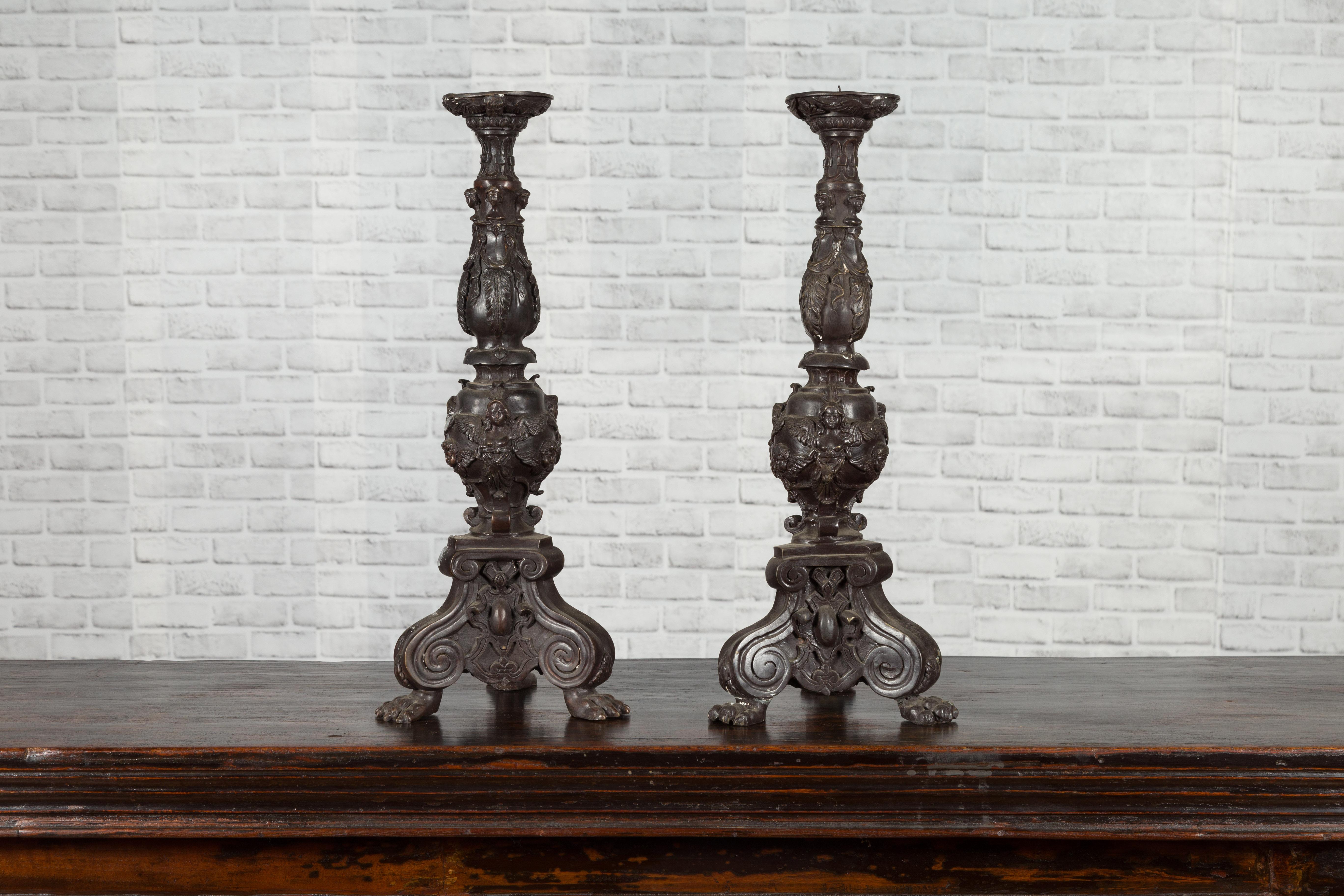 Pair of Vintage Baroque Style Cast Bronze Candlesticks with Cherub Figures For Sale 4