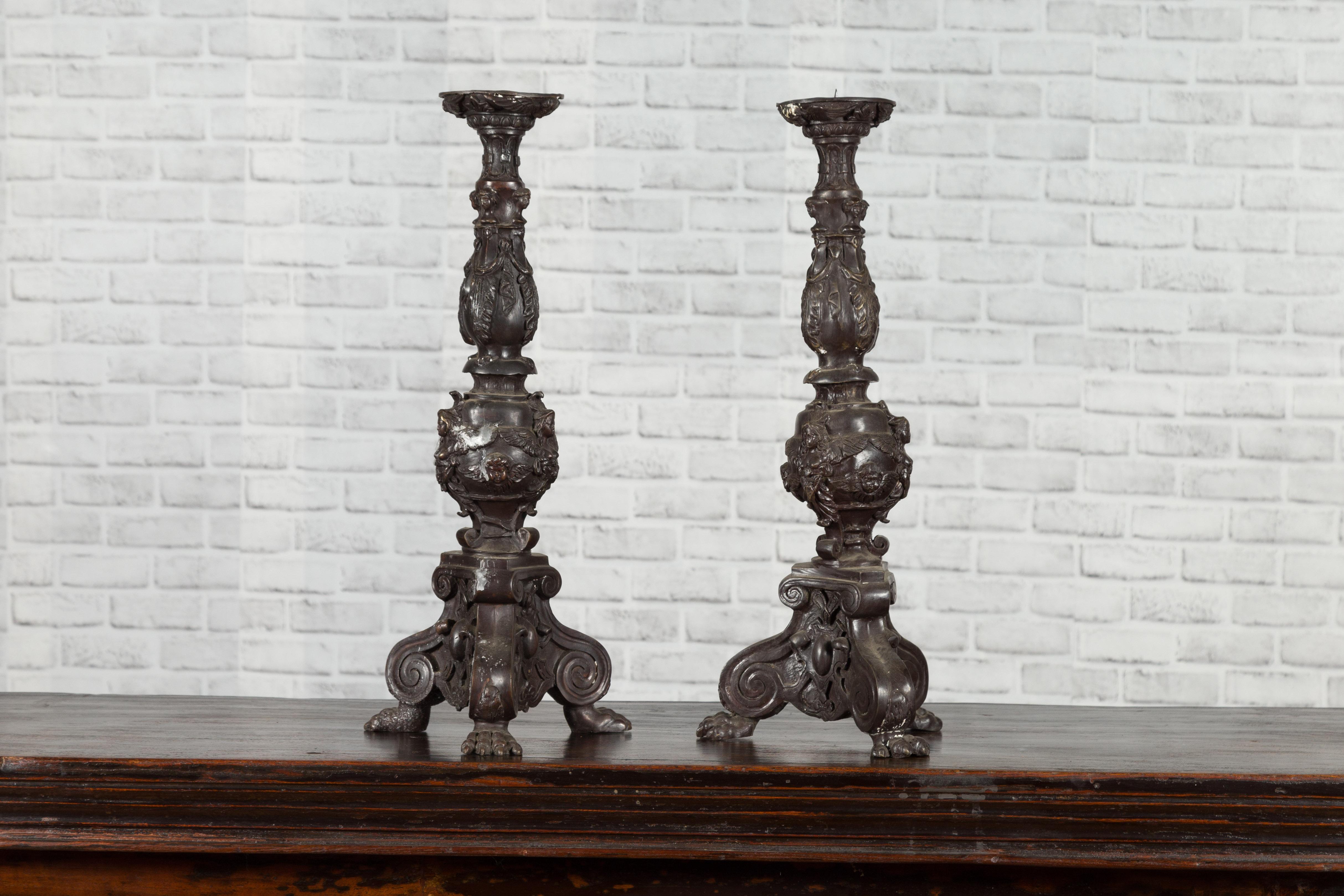 Pair of Vintage Baroque Style Cast Bronze Candlesticks with Cherub Figures For Sale 5