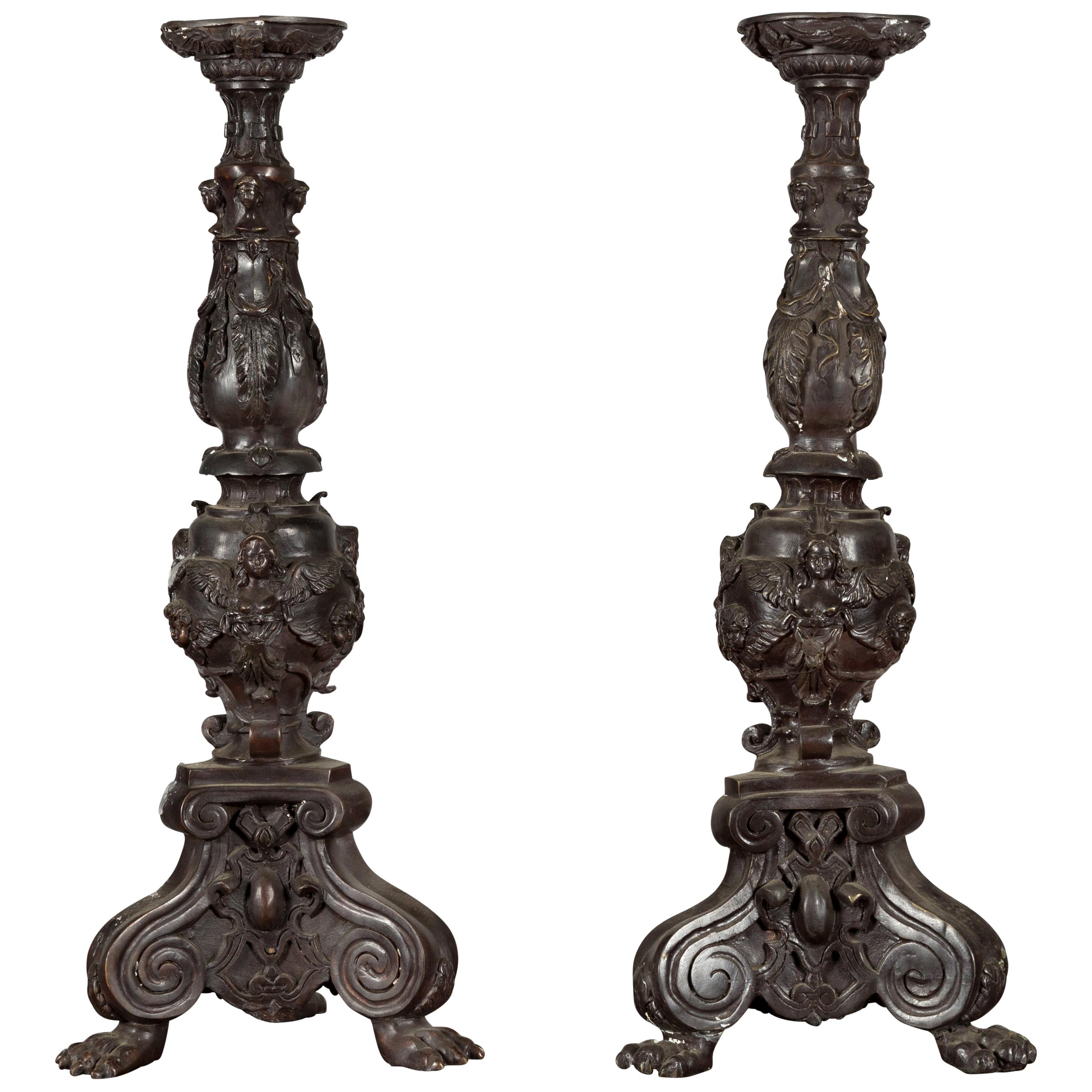 Pair of Vintage Baroque Style Cast Bronze Candlesticks with Cherub Figures