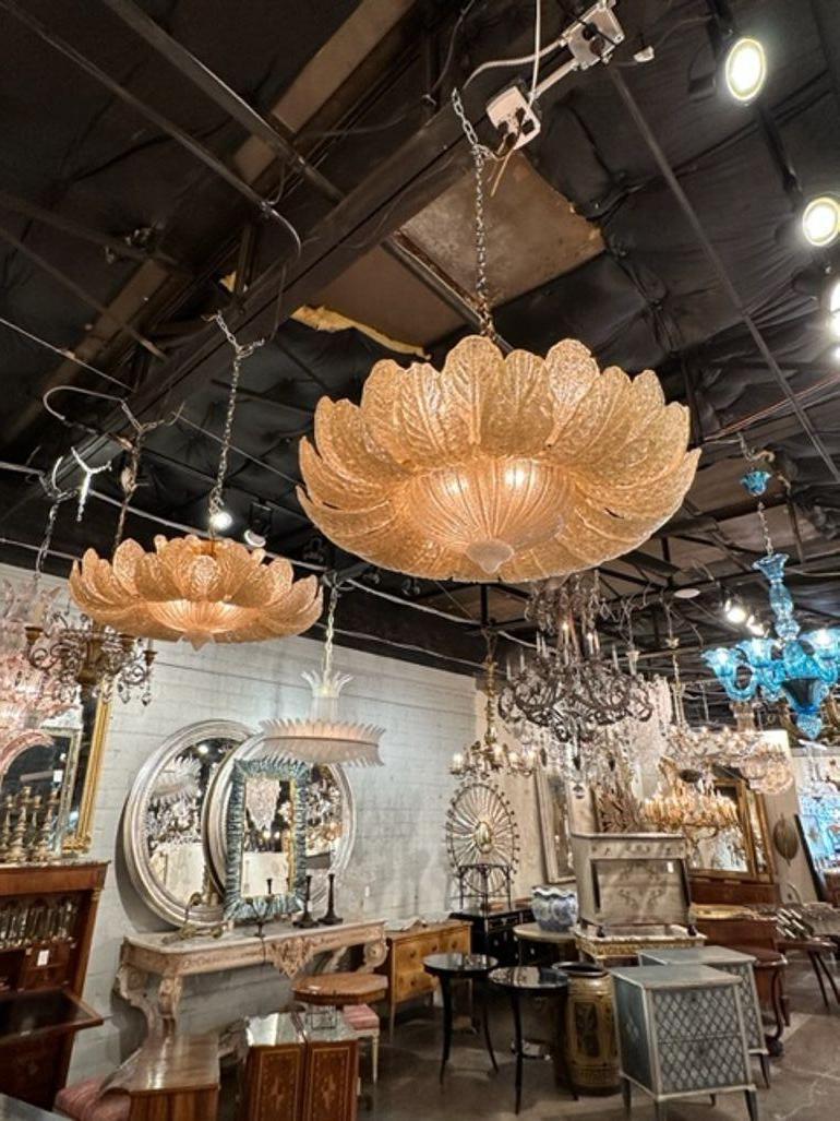 Fabulous pair of Vintage Barovier and Toso Murano glass flush mount chandeliers. Circa 1970. The chandelier has been professionally rewired, comes with matching chain and canopy. It is ready to hang!