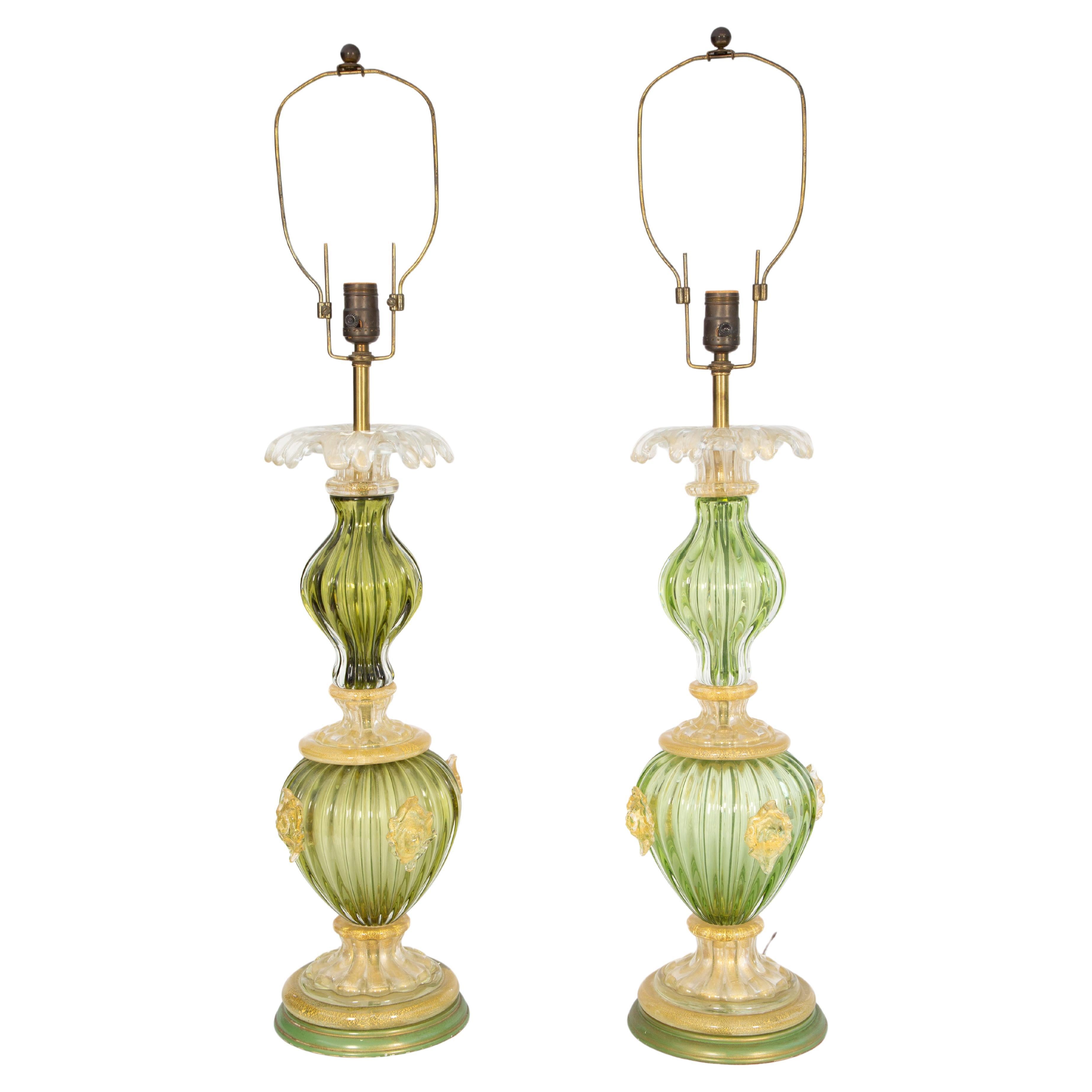Pair of Vintage Barovier and Tosso Murano Glass Lamps with Aventurine Accents