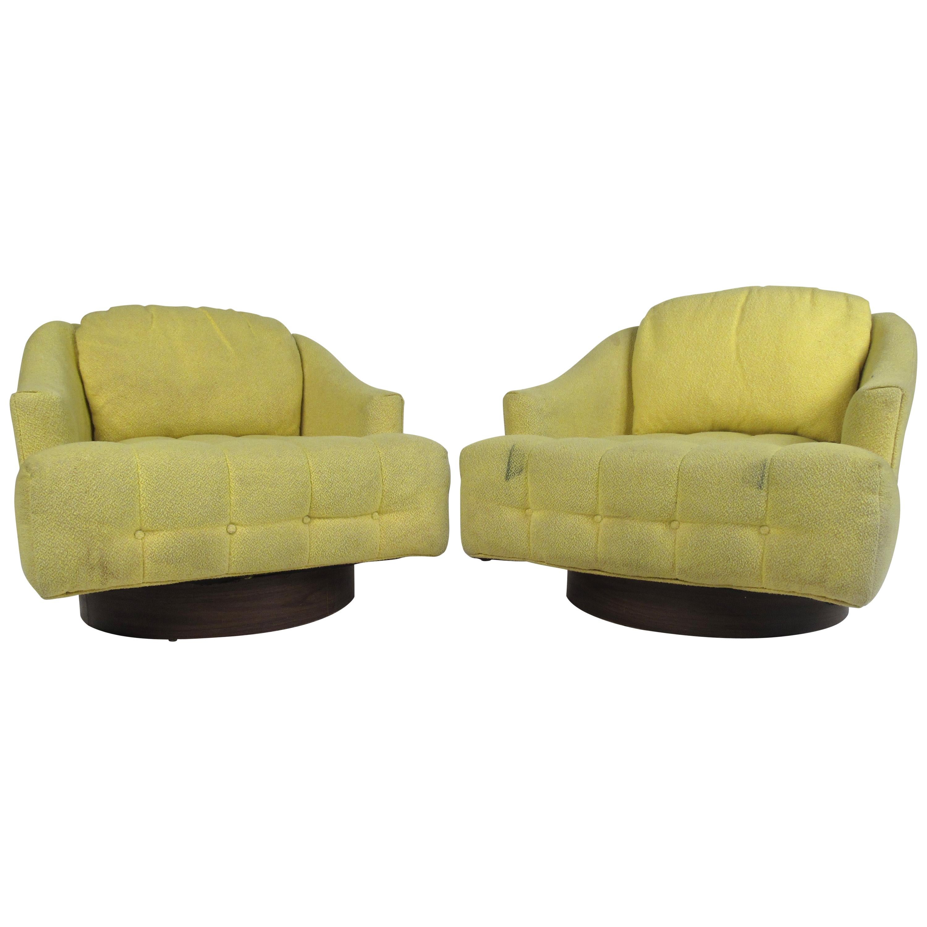 Pair of Vintage Barrel Back Swivel Lounge Chairs For Sale