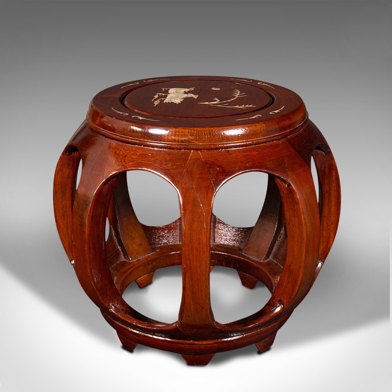 Wood Pair Of Vintage Barrel Stools, Chinese, Inlaid, Decorative Display Stand, C.1970 For Sale