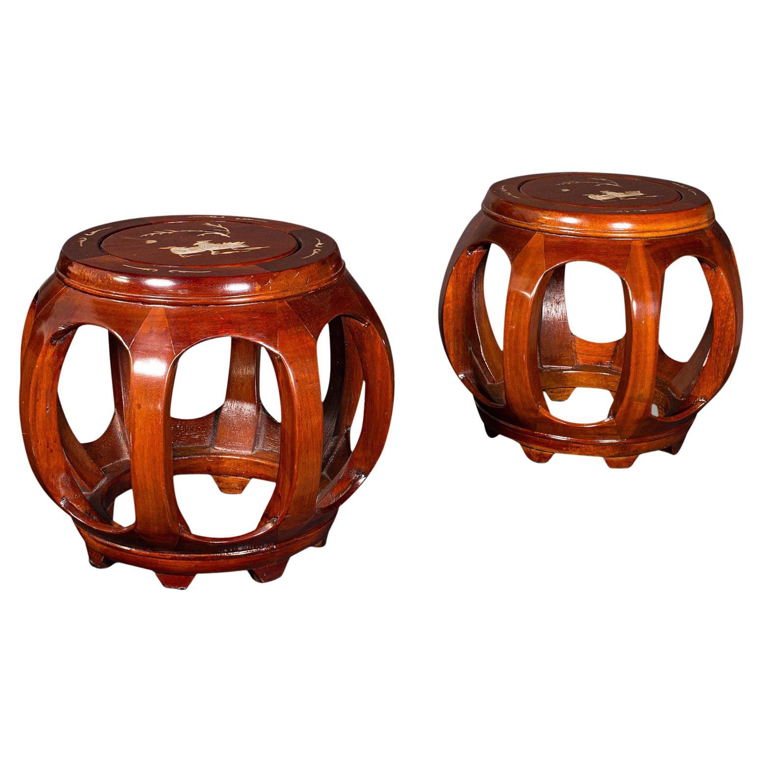 Pair Of Vintage Barrel Stools, Chinese, Inlaid, Decorative Display Stand, C.1970 For Sale