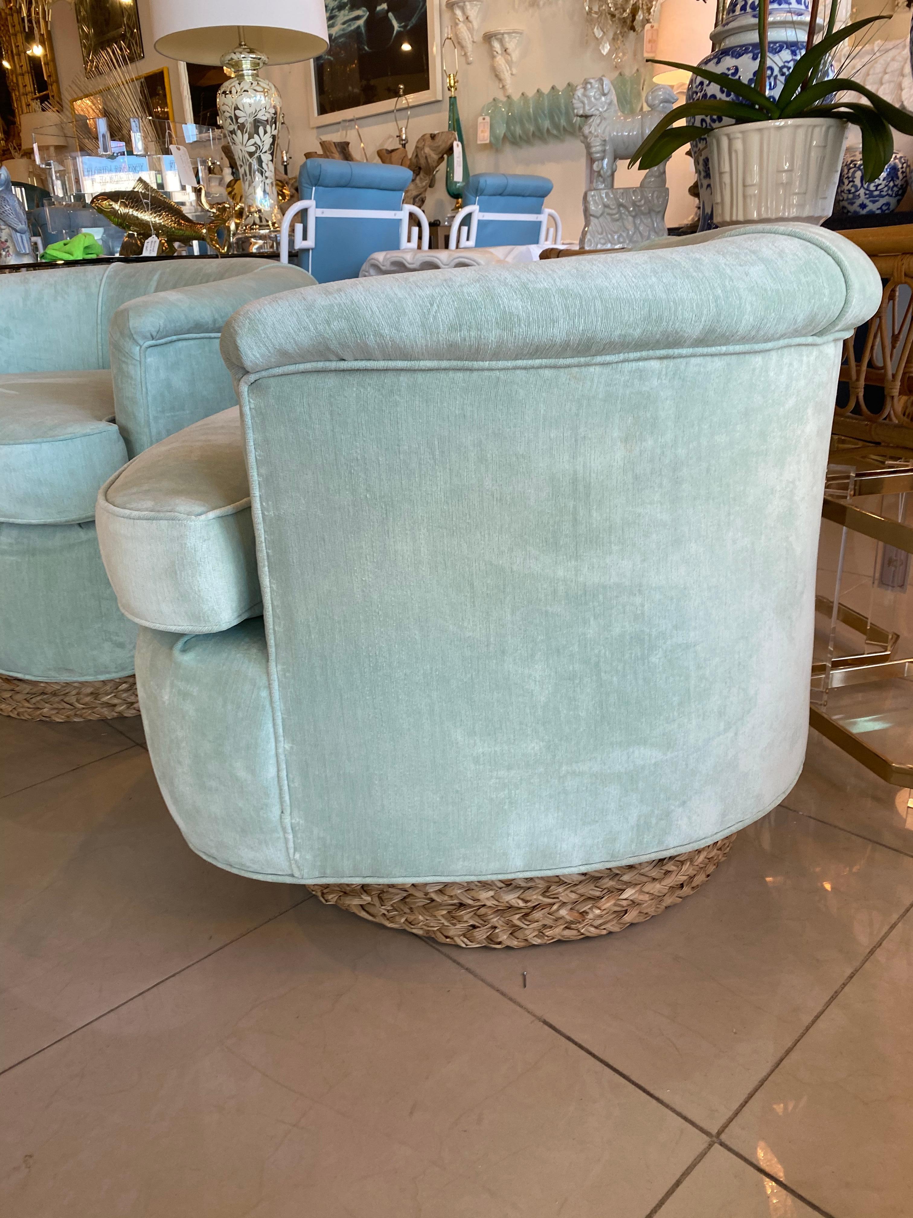 Upholstery Pair of Vintage Barrel Swivel Chairs Upholstered Seafoam Green Seagrass Base