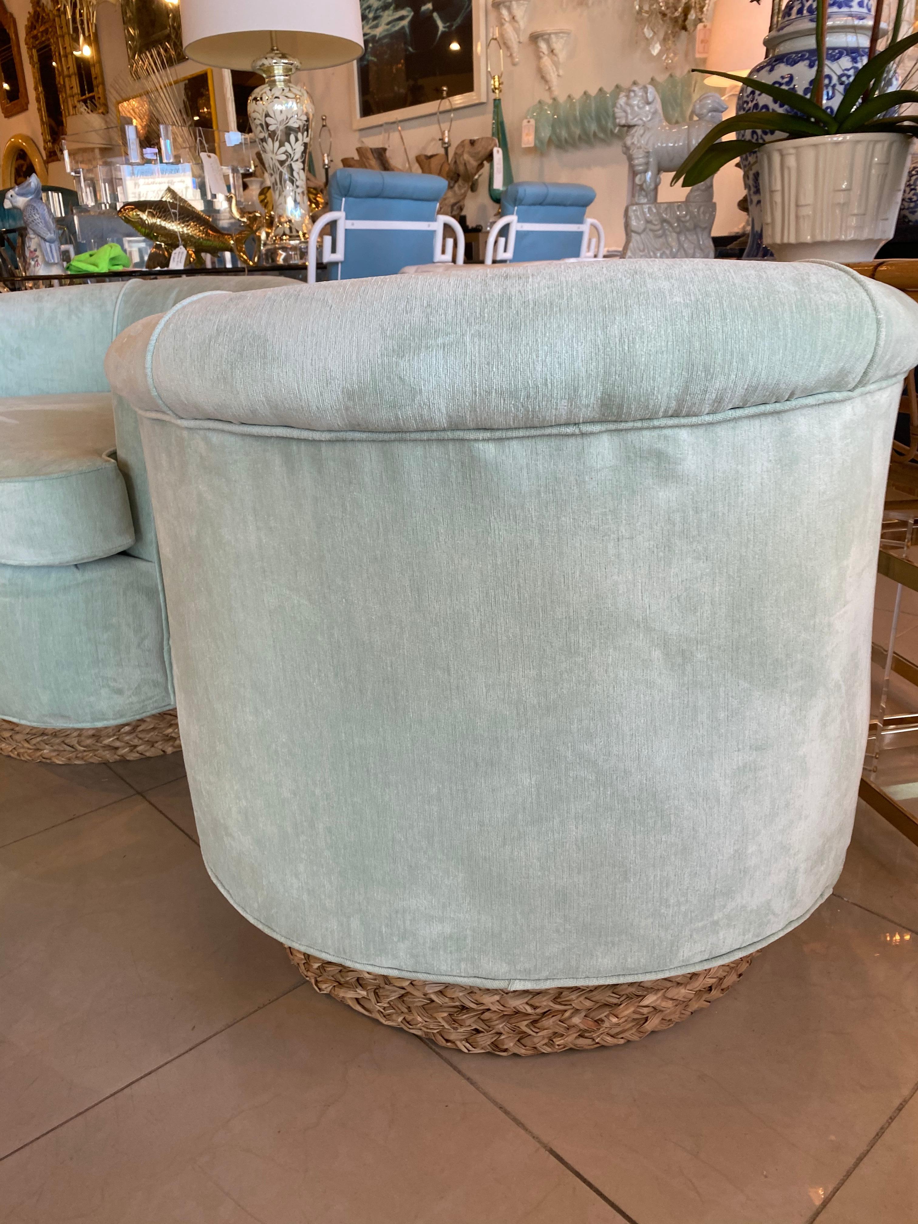 Pair of Vintage Barrel Swivel Chairs Upholstered Seafoam Green Seagrass Base 1