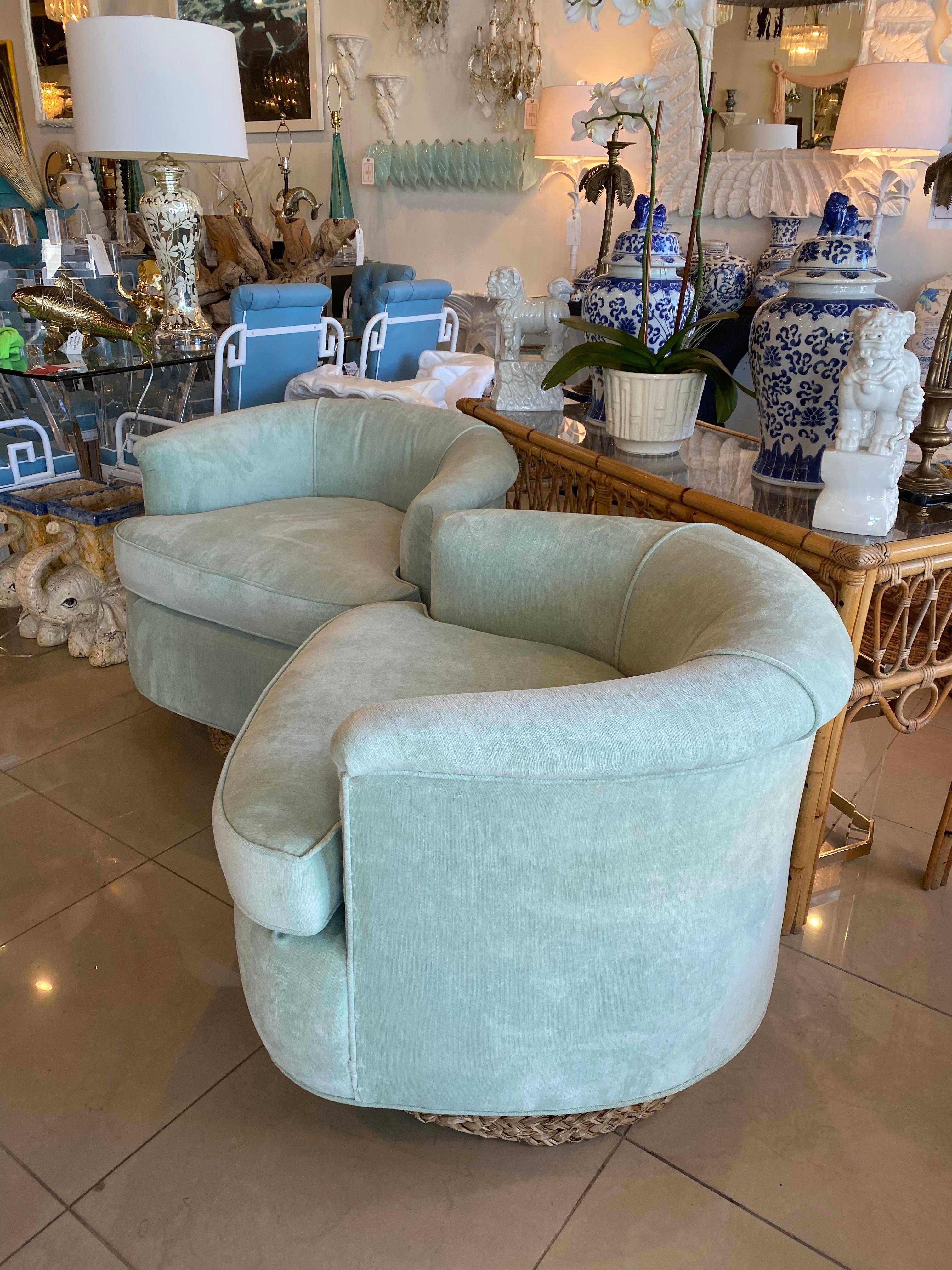 Pair of Vintage Barrel Swivel Chairs Upholstered Seafoam Green Seagrass Base 2
