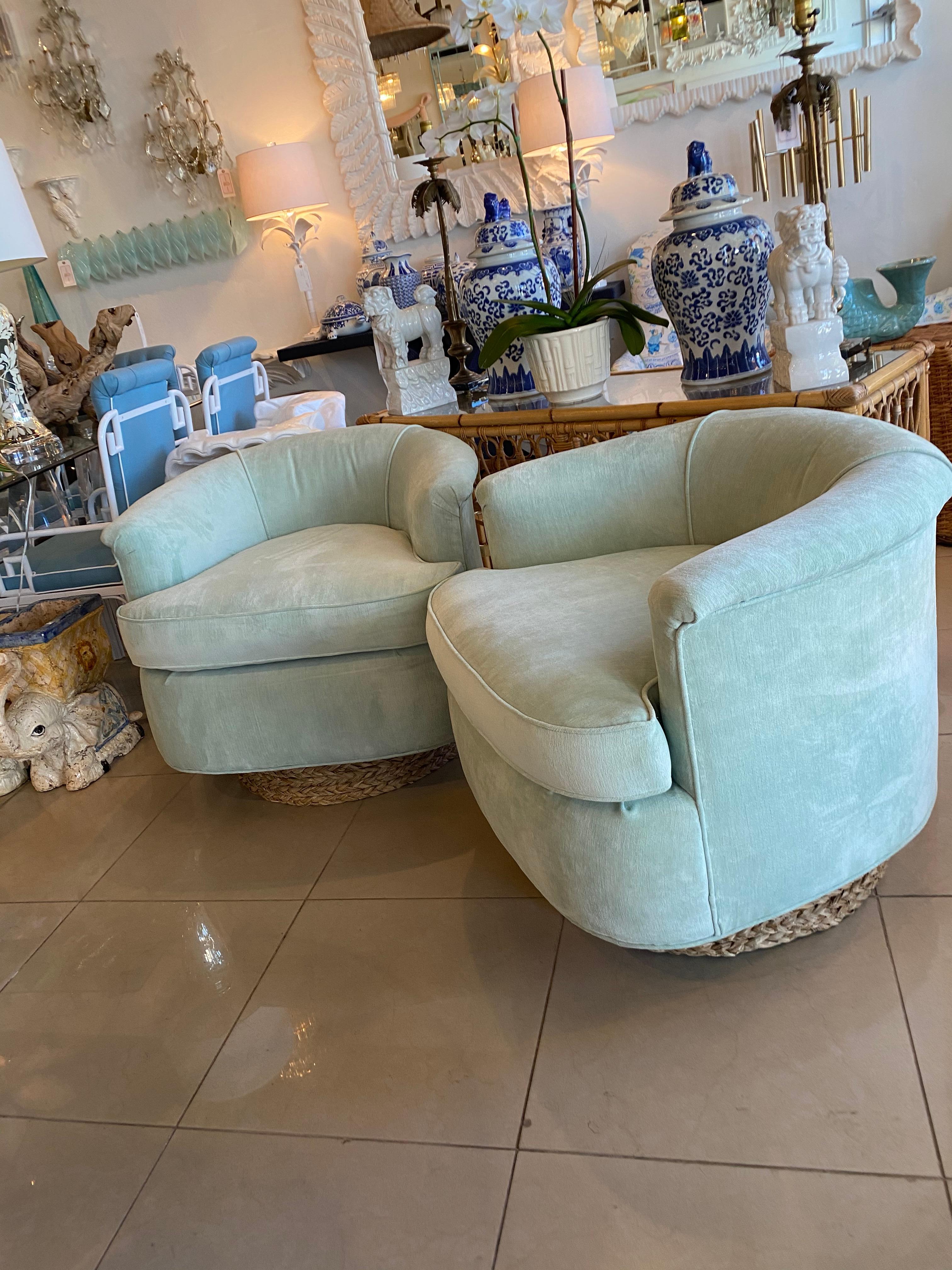 Pair of Vintage Barrel Swivel Chairs Upholstered Seafoam Green Seagrass Base 3