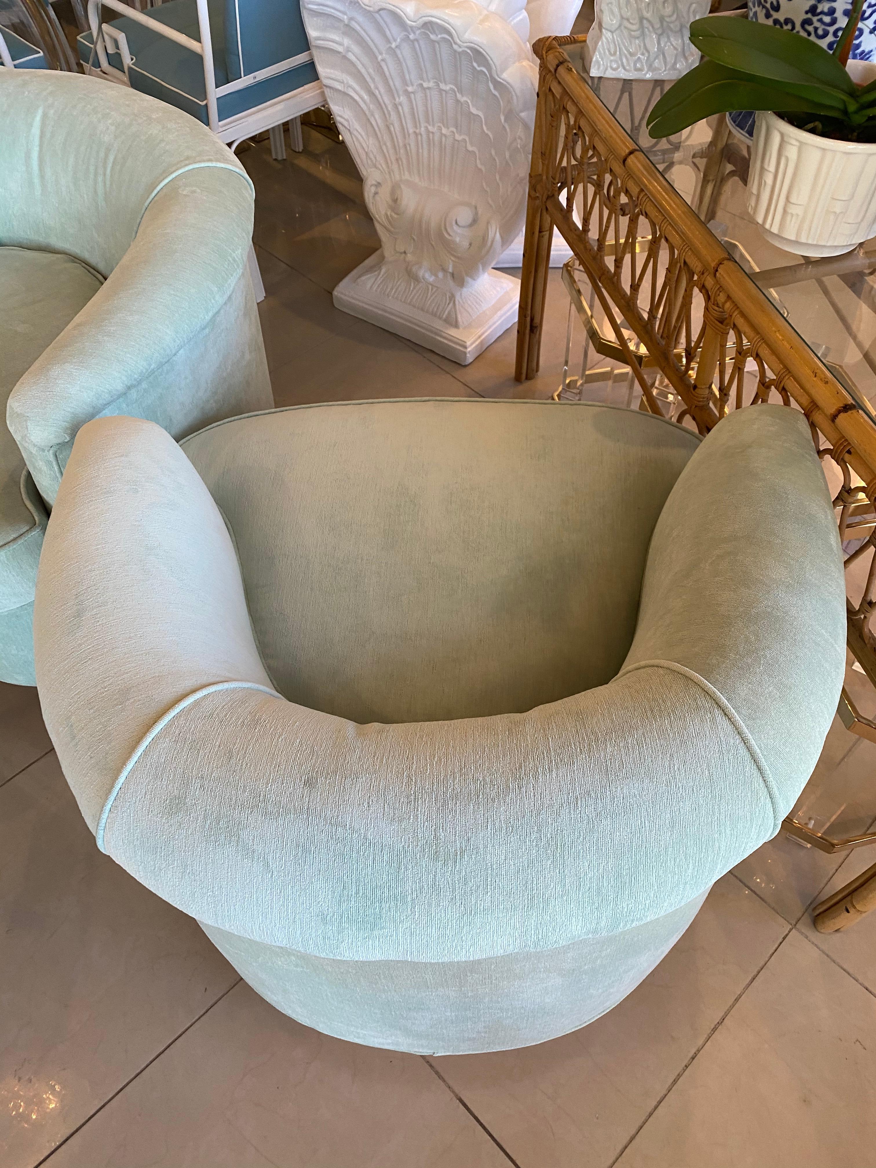 Pair of Vintage Barrel Swivel Chairs Upholstered Seafoam Green Seagrass Base 4